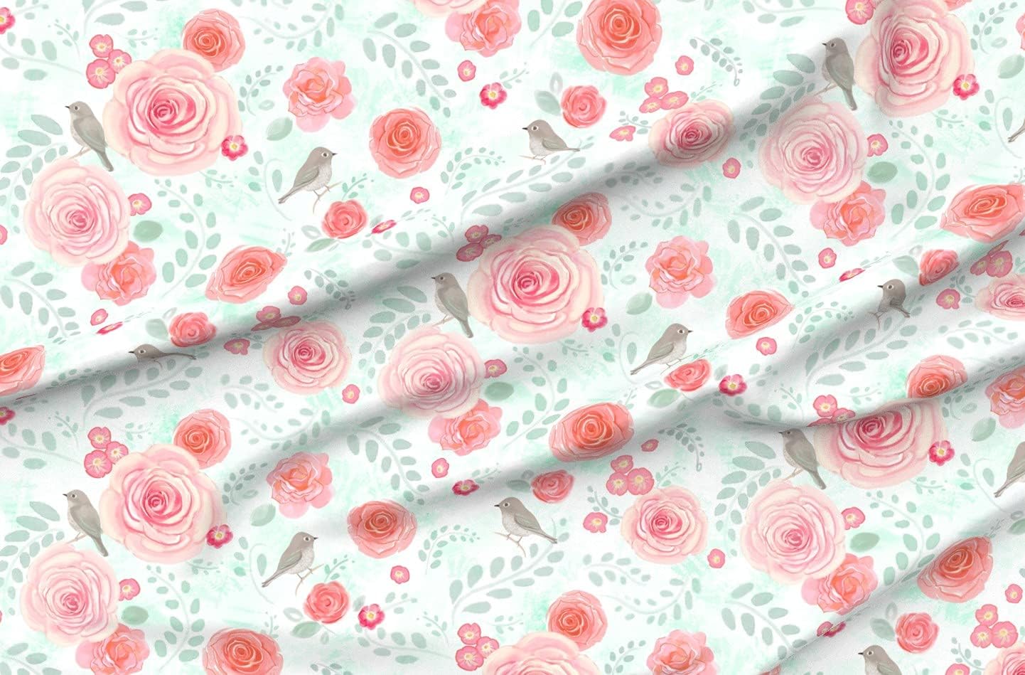 Spoonflower Fabric - Roses Flowers Floral Pink Birds Green Feminine Romantic Victorian Printed on Denim Fabric by The Yard - Bottomweight Apparel Home Decor Upholstery