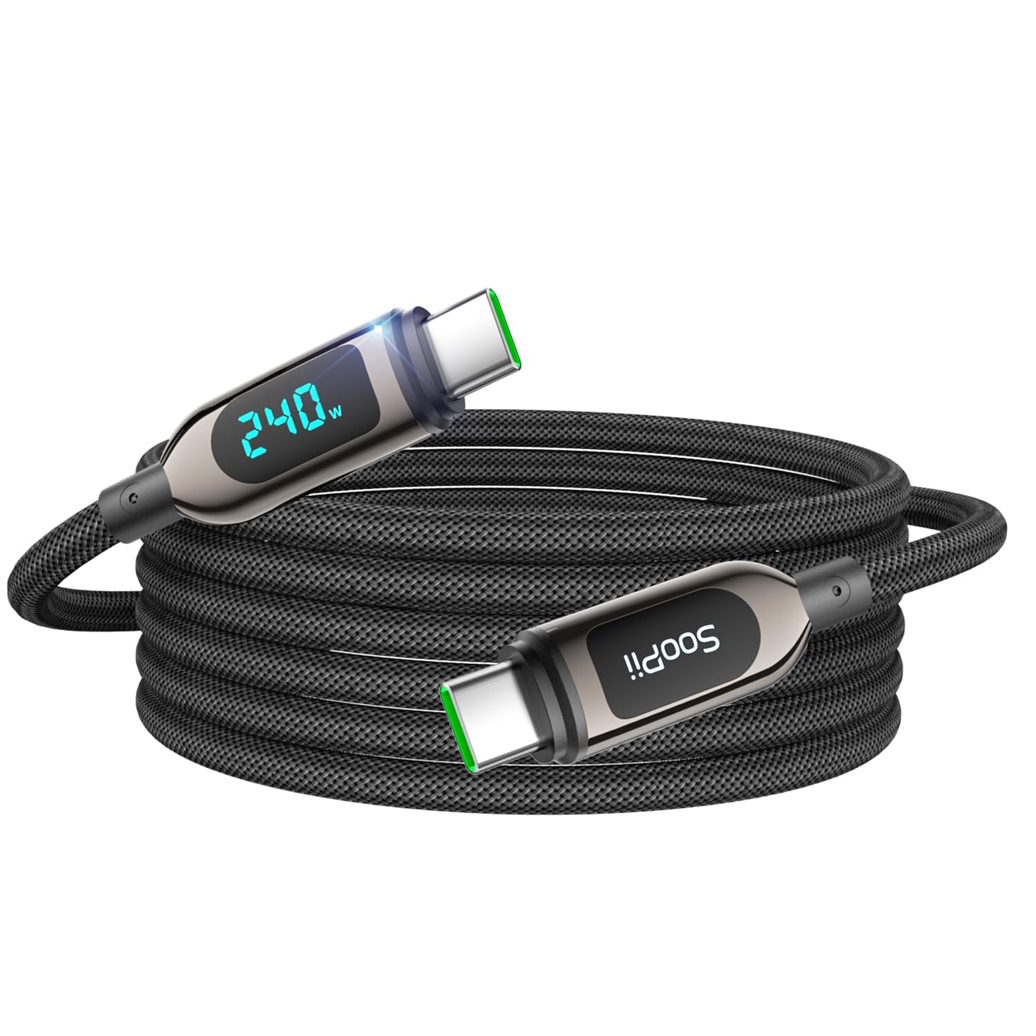SooPii 240W USB C auf USB C Kabel, 3M Nylongeflecht Type-C Kabel, PD Schnellladekabel mit LED Display für lPhone 16/15 Pro/15 Plus,lPad Air,MacBook Pro,Galaxy S23/S22 (Schwarz)