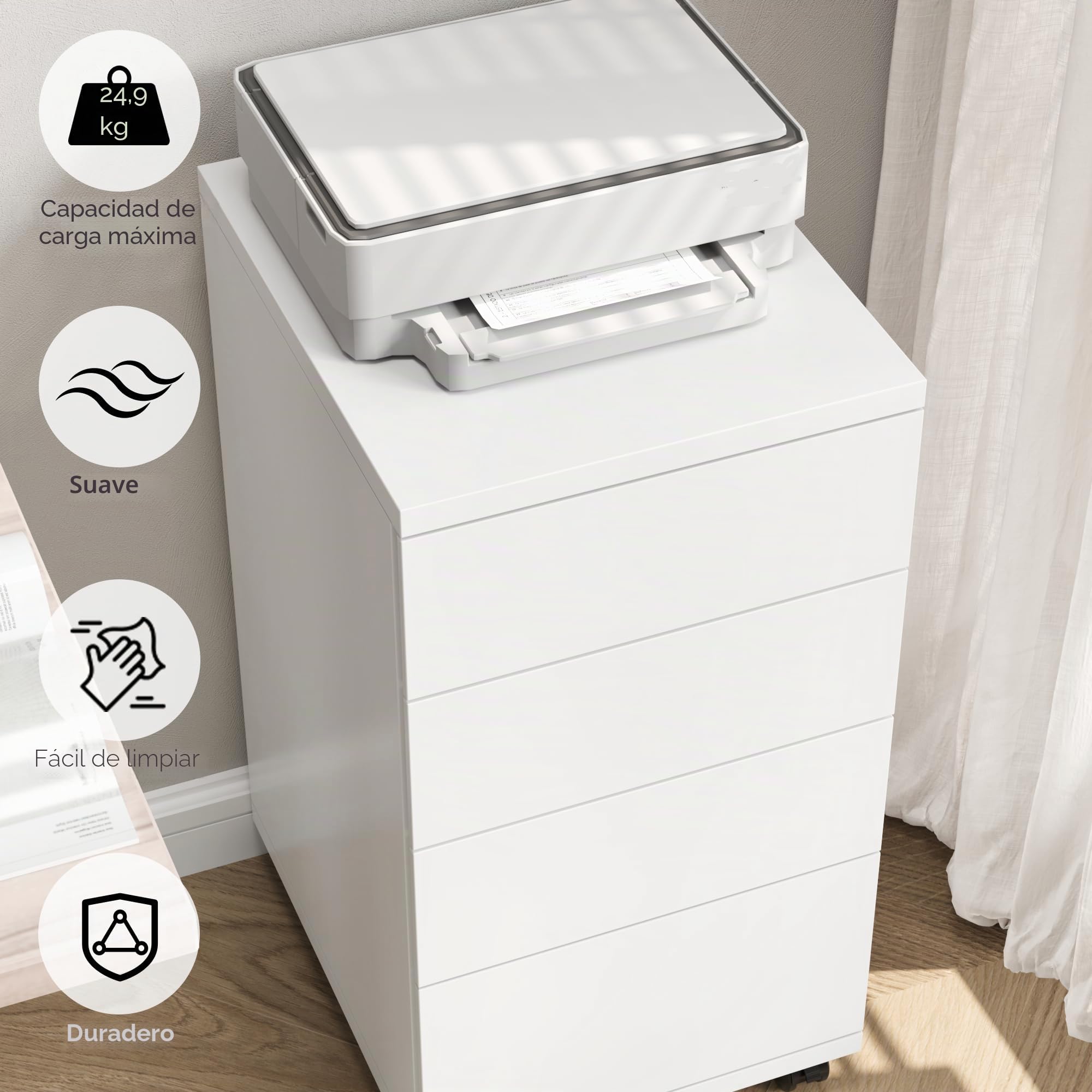 HOCSOK Cajonera de Oficina, Mueble Auxiliar Móvil Debjo de la Mesa, Soporte de Impresora con 4 Cajones y 4 Ruedas Universales, Madera, Blanco, 33x63.5x39 cm