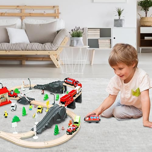 Miniatura 7 de Juego de tren de locomotora a pilas para vías de tren de madera, juguetes de tren eléctrico para niños pequeños, conexión magnética, potente juego