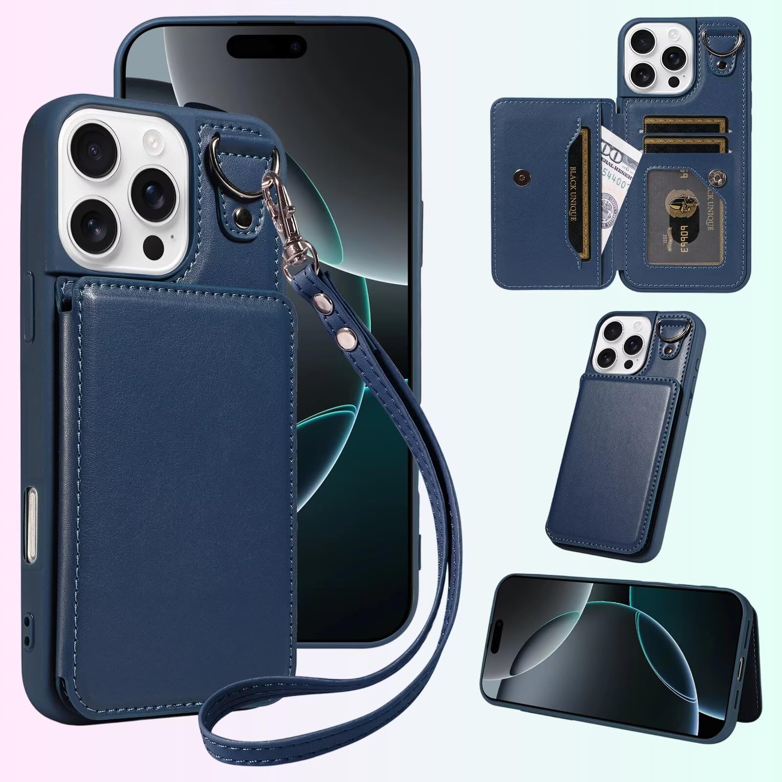 for iPhone 16 Pro Max Case Wallet Card Holder Slot Stand Wallet Leather Cover Bracket with Lanyard Hand