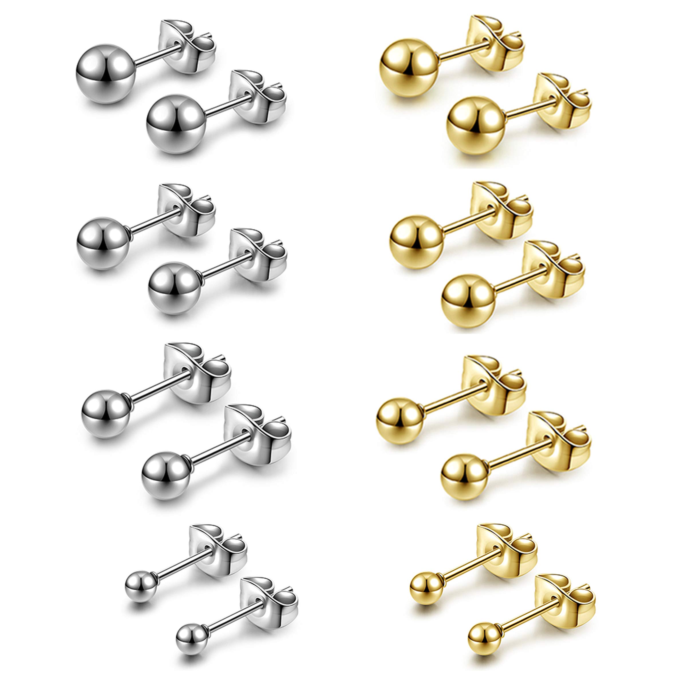 AllerPierceHypoallergenic Ball Earrings Studs Set Stainless Steel Round Ball Studs Earrings Cartilage Earrings for Women Men 3mm-8mm（10Pcs）