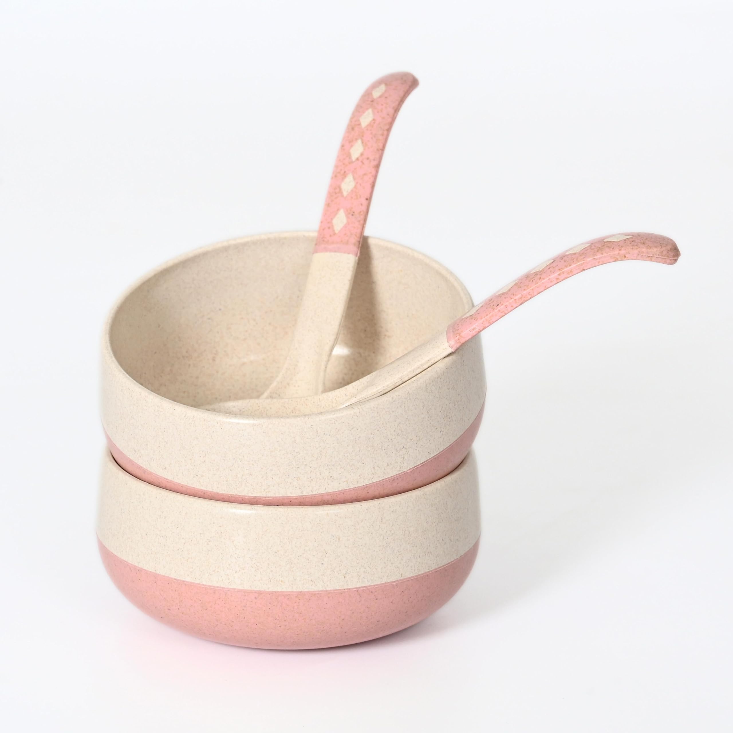 Eha Earth-Friendly Soup Bowls with Spoons|250 ml|Made with Rice Husk Biocomposite|Microwave Safe Bowl|Serving Bowl Set of 2|Innocent; pink, off-white