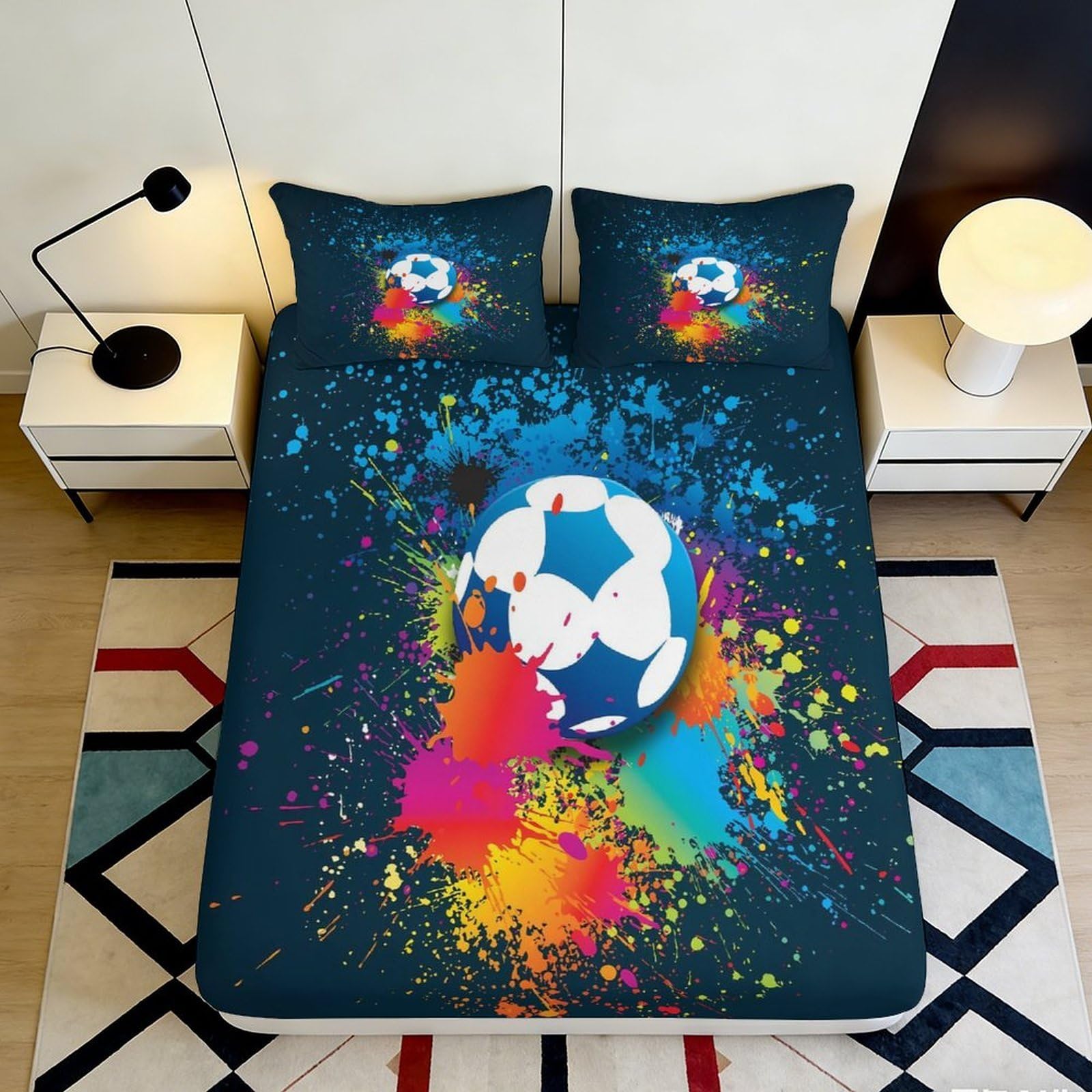 3D Printed Graffiti Soccer Fitted Sheet Microfiber Vibrant Paint Splash Bed Cover for Bedroom Dorm Mattress Protection 90x200x25cm