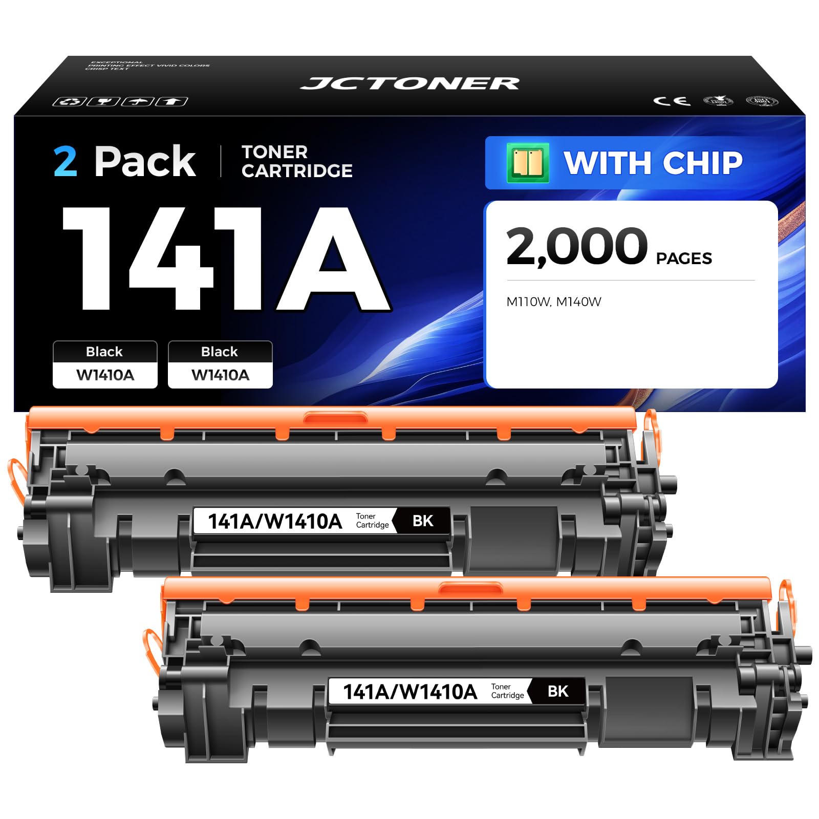 View 1 of 141A W1410A Toner Cartridge Black 2-Pack (with chip) High Yield Replacement for HP 141A W1410A 141X W1410X Toner Compatible with HP LaserJet Pro M110w MFP M140w Printer Ink M110we M139we M140we