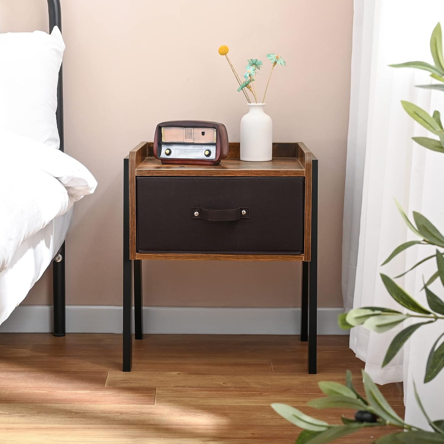 Iwell Nightstand Set of 2 with Drawer, Side Table with Wood Legs, Bedside Table for Bedroom, Rustic Brown : Home & Kitchen