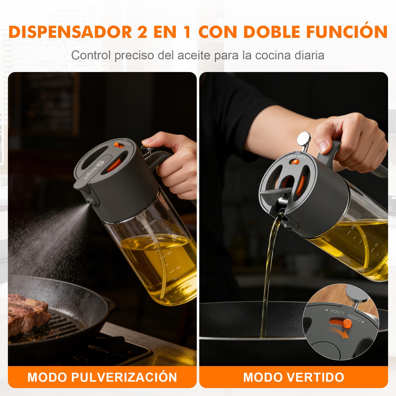 Ibergrif 2 en 1 Pulverizador de aceite 500ml – Aceitera spray con Interruptor, Vidrio de borosilicato, Antigoteo para Freidora de aire, Gris, M530 — view 3