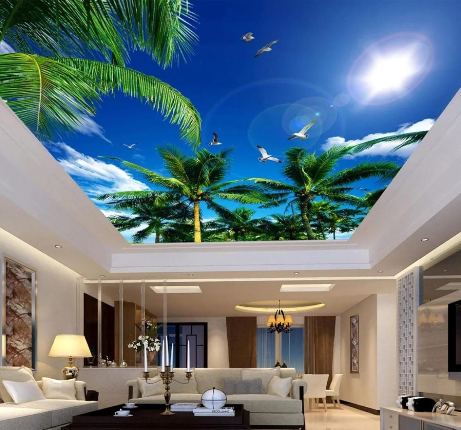 XLMING Blue Sky White Clouds Coconut Trees Seagulls Natural Scenery 3D Wallpaper Premium Textured Silk Study Dining Living Room Bedroom Sofa TV Wall Easy Install-430cm×300cm
