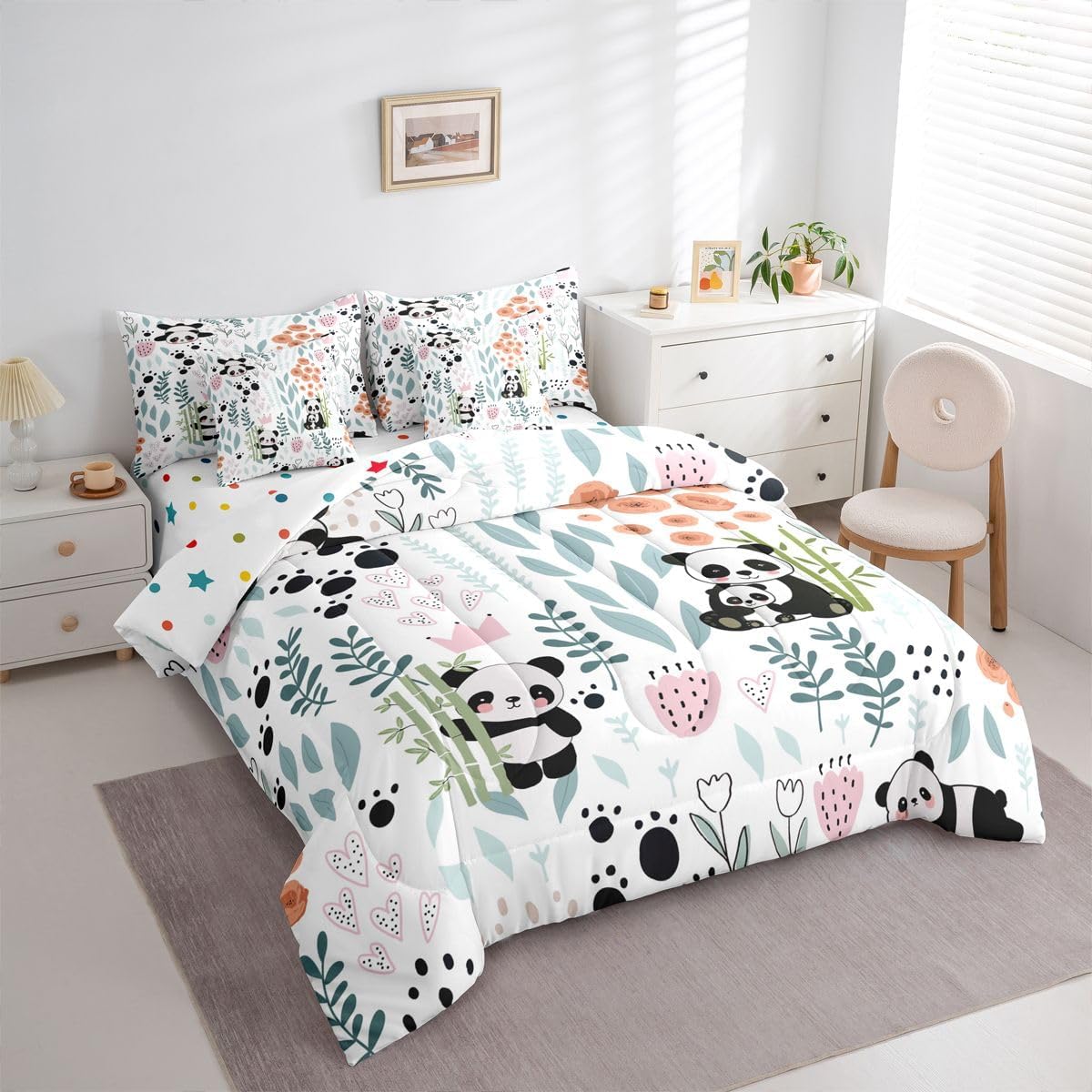 Erosebridal 7 Piece Kids Panda Queen Comforter Set with Sheets, Forest Zoo Animal Print Panda Bedding Set for Girls Boys, Green Leaf Pink Floral Bed in a Bag Paw Print Colorful Fitted Flat Sheet