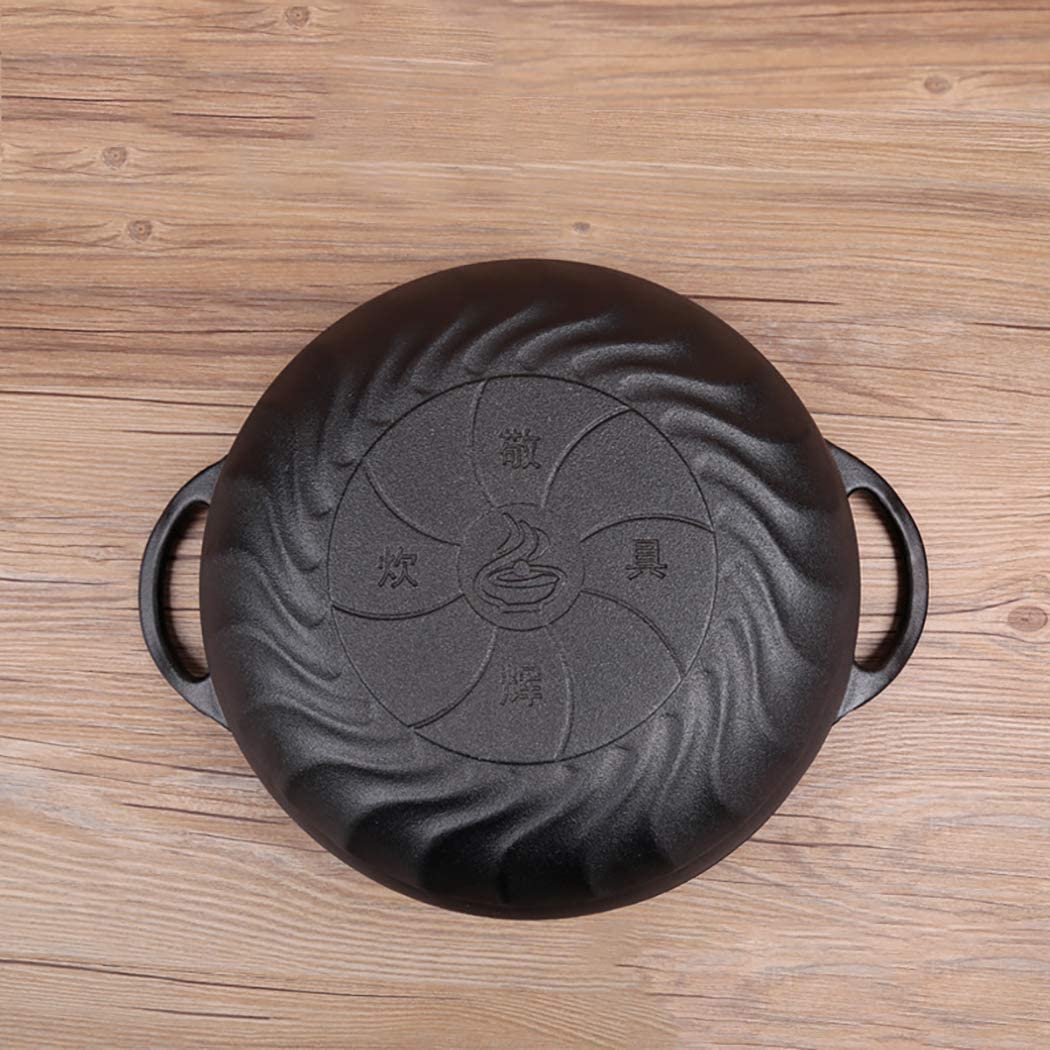Wok in ghisa nera da 32 cm, con coperchio in legno, pentola calda Wok con fondo piatto Pentola a induzione a gas universale (dimensioni: 32 cm di lunghezza x 9,9 cm di altezza)