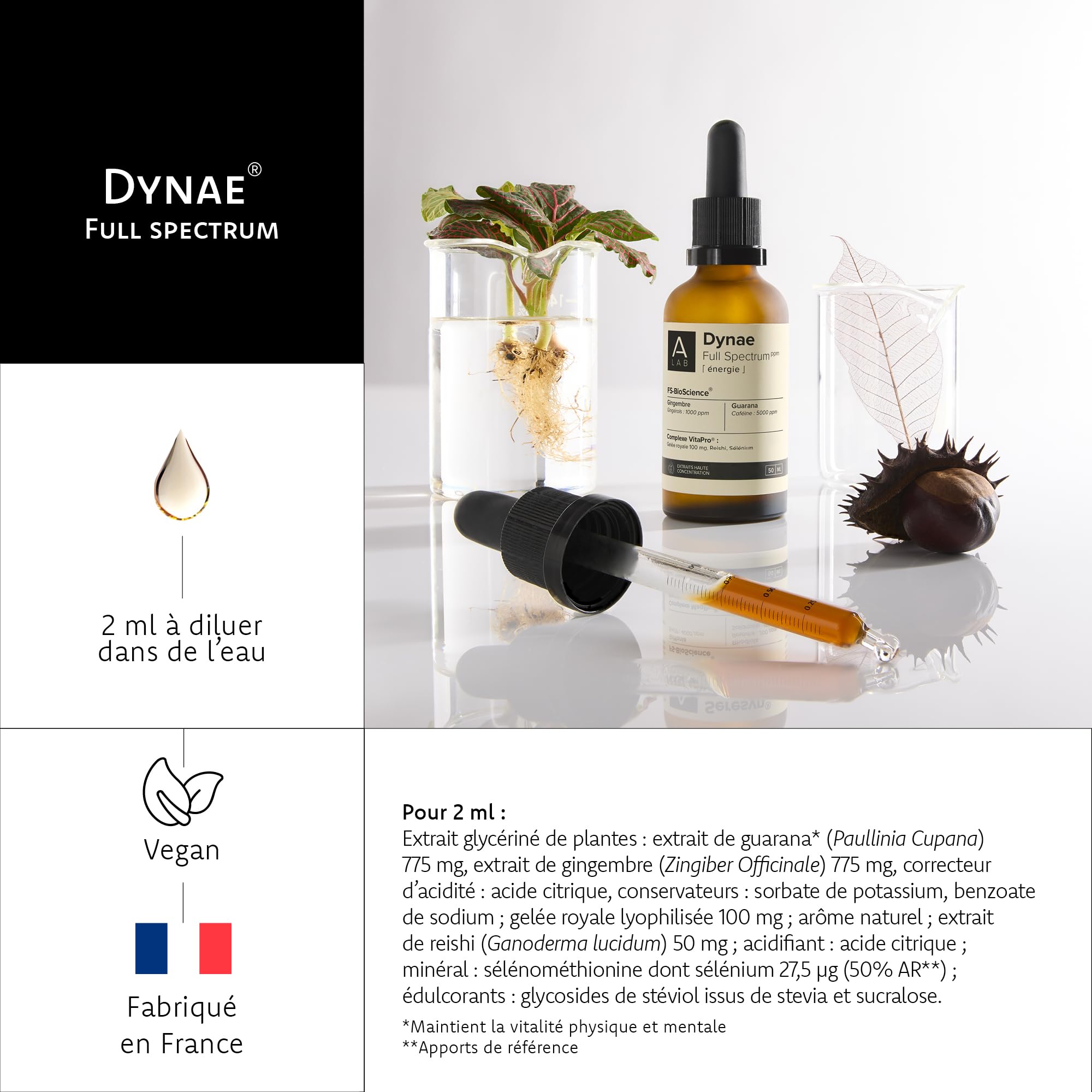 A-Lab DYNAE Full Spectrum - Booster Energie Physique & Mentale - Gingembre, Guarana, Gelee Royale, Reishi, Selenium - Format Liquide - 2ml Par Jour