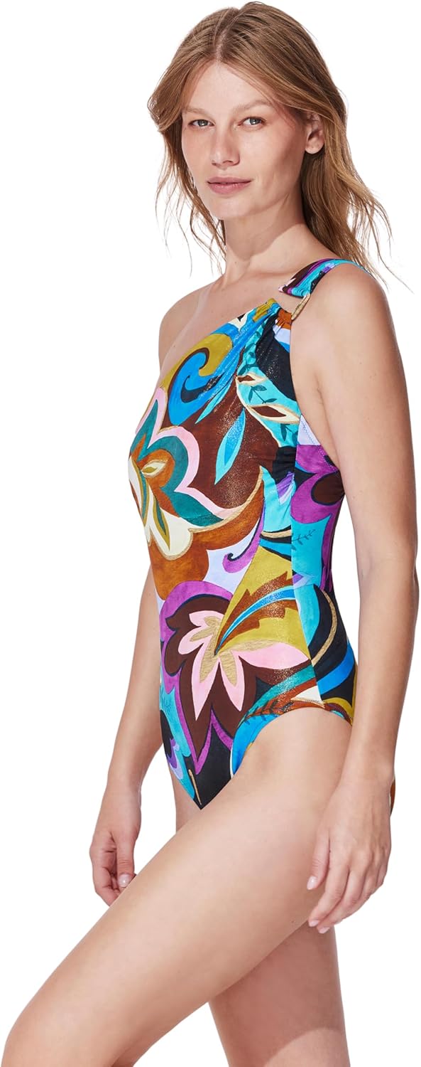 Gottex Porto One Shoulder One Piece - U Wire Insert, Built-in Soft Cups, Front and Back Lining, Classic Bottom Coverage