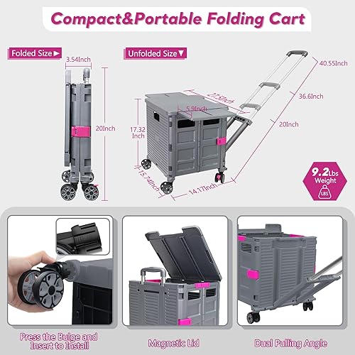 Miniatura 4 de SELORSS Carrito plegable con ruedas giratorias, tapa magnética extendida, mango telescópico, ángulo ajustable para transportes, comestibles,