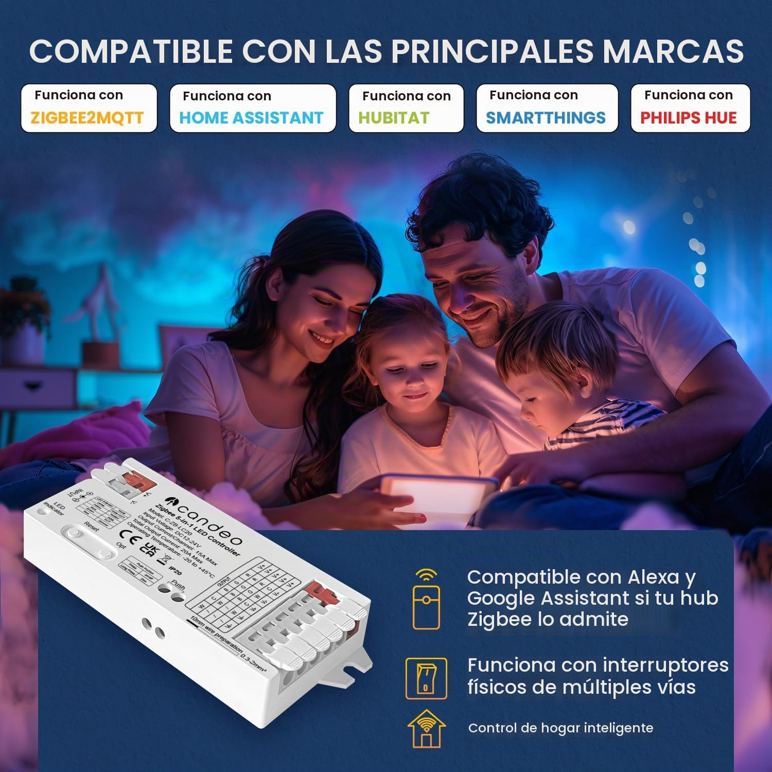ZigBee - Controlador de tira LED compatible con Home Assistant, Hubitat, Philips Hue y otros concentradores Zigbee, 5 en 1 para RGBWW, RGBW, RGB, CCT y tiras LED de 1 color