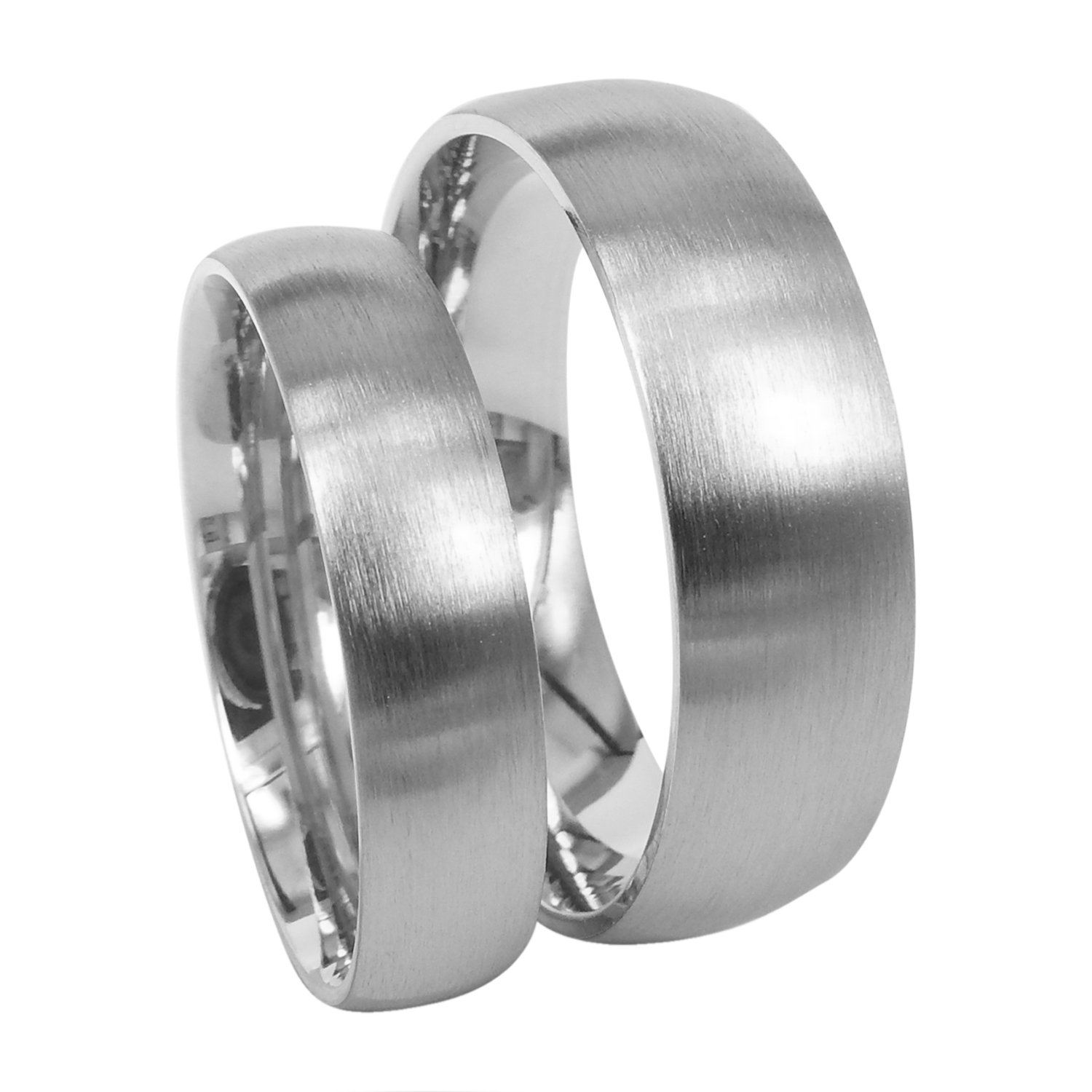 His and Hers Matte Dome Shape Silver Titanium Bands Matching Wedding Rings Set