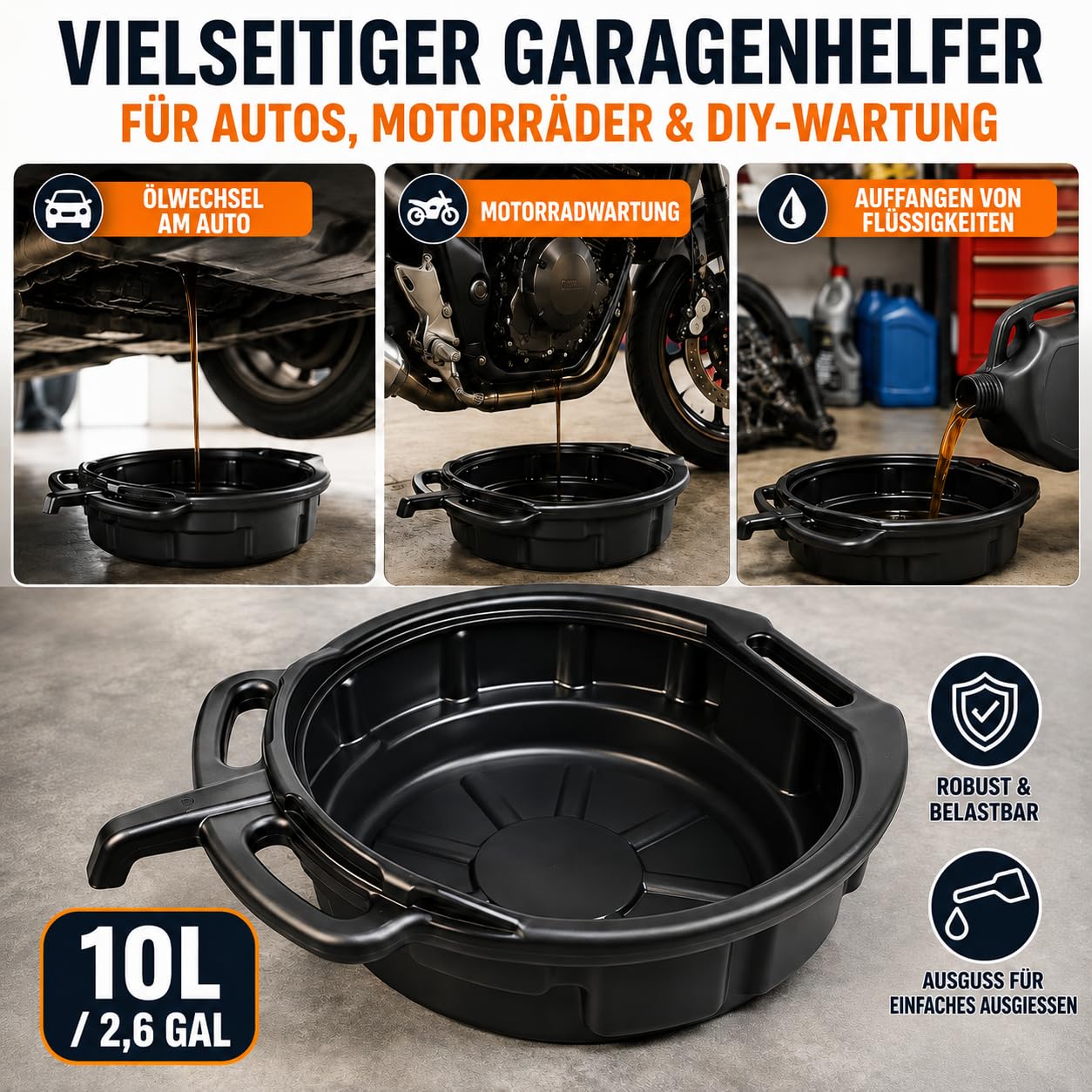 Ölauffangbehälter Ölauffangwanne mit Abfüllstutzen 10 l, Flache, runde Auffangwanne, Ölwanne, Ölwechselkanister, Kunststoffwanne, Ölauffangbehälter aus Kunststoff für Kfz-Ölwechsel