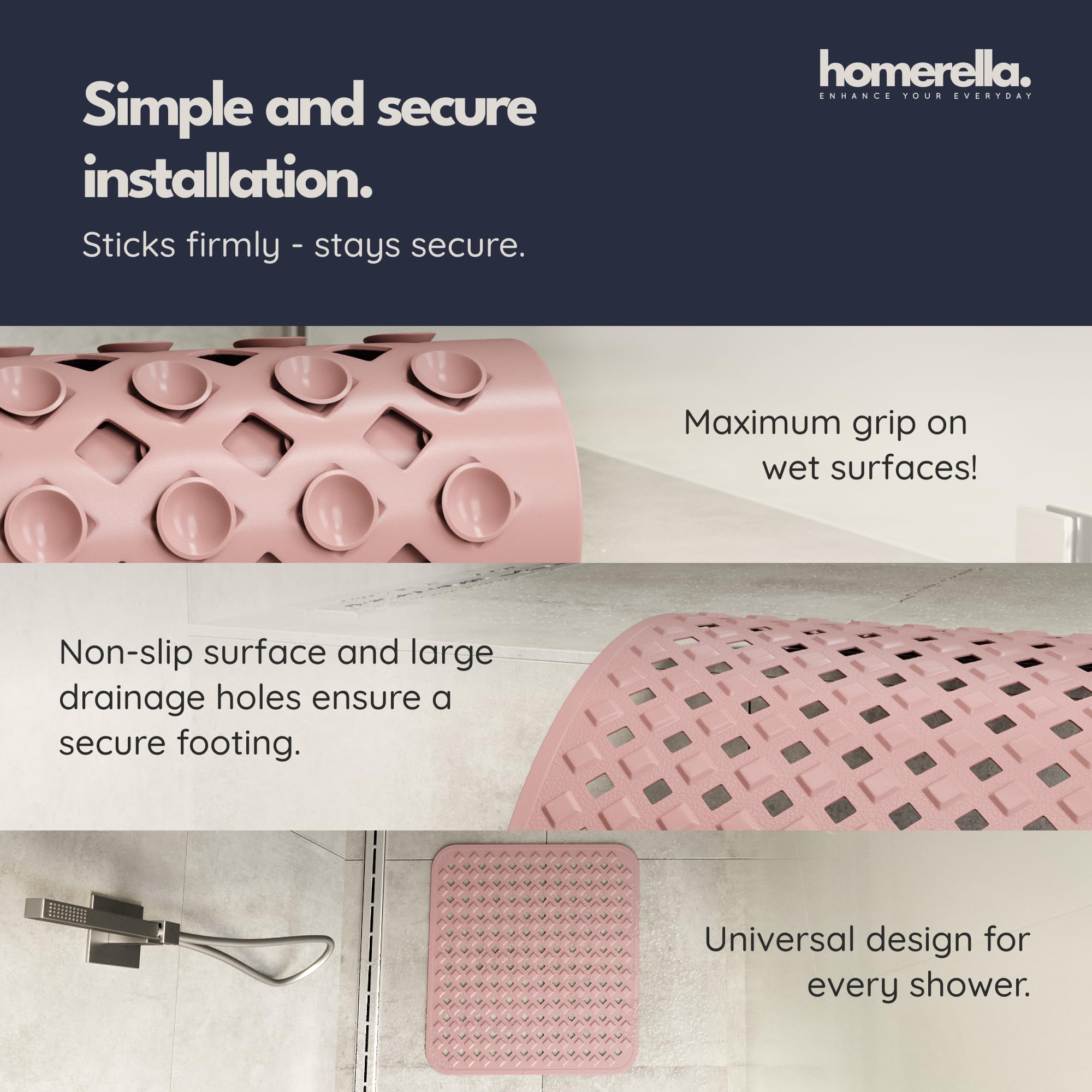 homerella® Shower Mat Non Slip Anti Mould 53 x 53 cm, INCL. Hooks for Drying Bath Mat Non Slip Anti Mould - Image 4