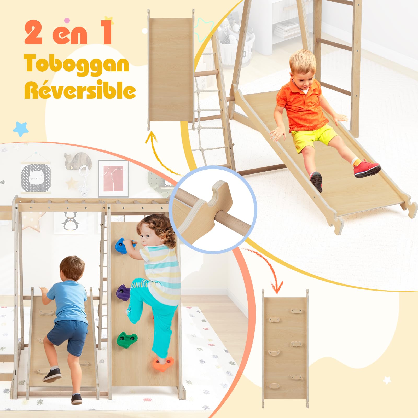 COSTWAY 6 en 1 Aire de Jeux d'escalade Intérieure en Bois avec Toboggan & Rampe, Triangle d'escalade Montessori Enfant avec Échelle & Panier & Barre de Singe, Charge 75kg pour 3-14 Ans