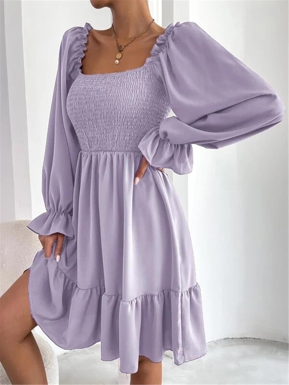 Women's Lantern Sleeve Elastic Waist Dress One Shoulder Collar Casual Loose Flowing Shift Dress - Image 4