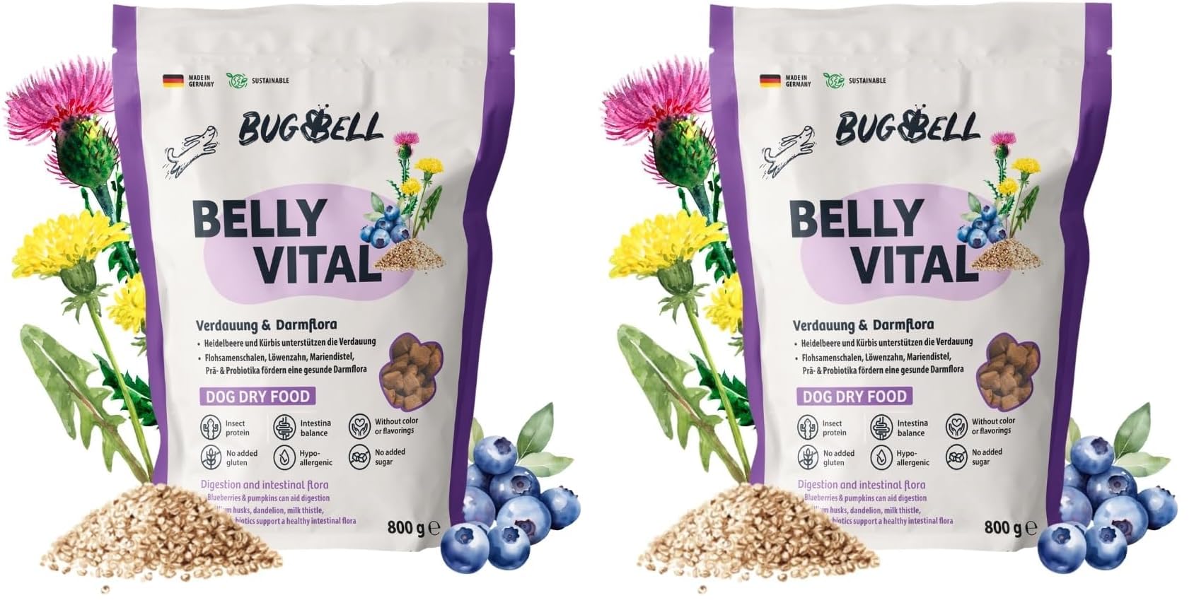 BugBell 800g BellyVital - Premium Trockenfutter mit Insekten - Fettreduziertes Trockenfutter für Hunde - Verdauung & Darmflora mit Präbiotika - Hundefutter trocken mit Löwenzahn (Packung mit 2)