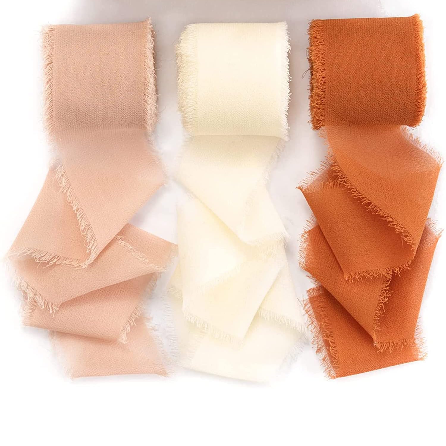 X spring Handmade Fringe Chiffon Ribbon, 3 Rolls 4cm 5 Yard Cream Orange Ribbons Set, Ribbon for Flower Bouquet, Chiffon Ribbon for Wedding Invitations, Decorating, Gifts Wrapping, DIY, 5m (style 1)