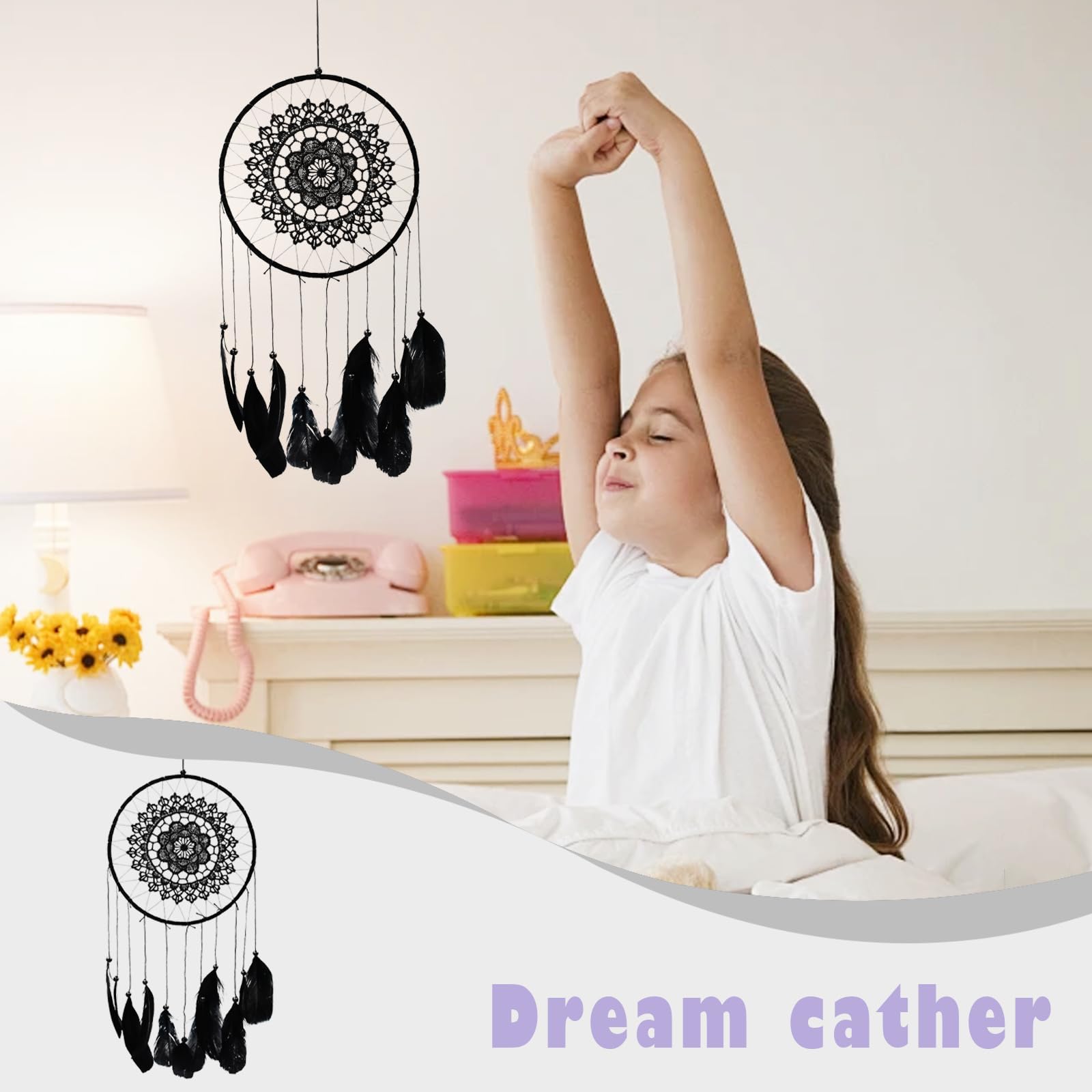 Attrape Reve pour la chambre à coucher, Attrape RêVes Fait à la Main, Capteur de Rêves avec Plumes et Perles, suspendu pour Maison Chambre Coucher Fête Attrapeur, cadeau artisanal (Noir)