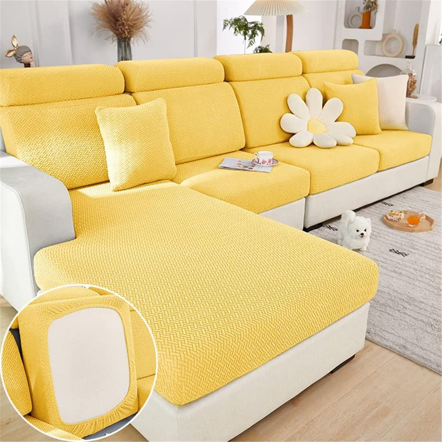 LINGKY Sofa Seat Cushion Cover, Stretch Sofa Cushion Slipcover for Sectional Sofa Removable Couch Cushion Covers with Elastic Bottom, Sofa Cover Backrests Protector (Weave Yellow,Large 2-Seater)