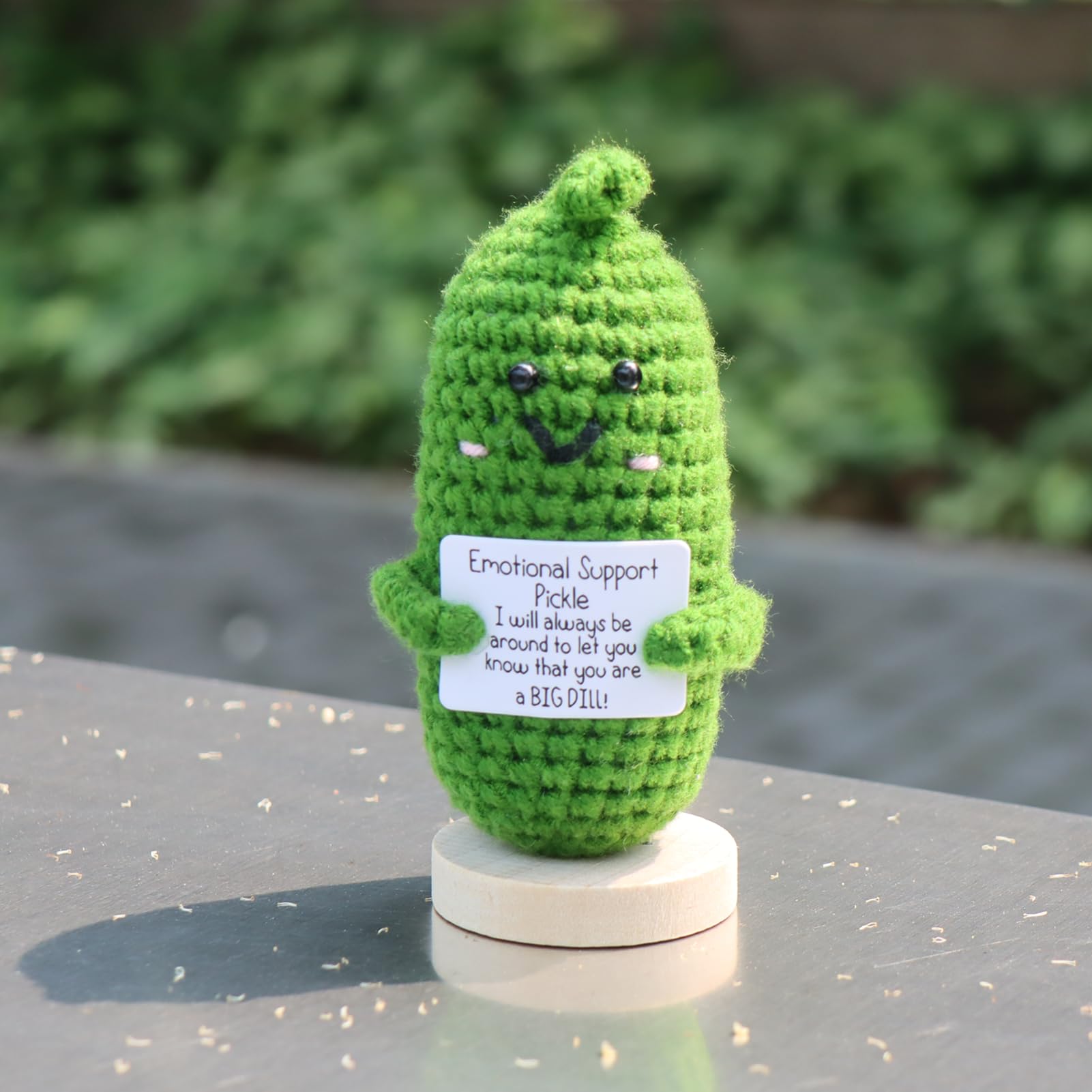 Nvwadayu Handmade Emotional Support, Cute Positive Doll with Wooden Base, Emotional Support Crochet Gifts for Friends and Emotional Support Ornament (Positive Cucumber Doll with Wooden Base)