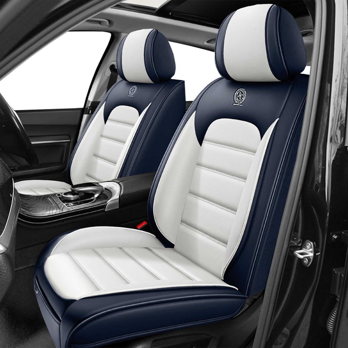 Car Seat Covers for X2,for BMW X2 2018-2025 2026,Waterproof Leather Seat Covers,Compatible Airbag,Front Set Comfort Car Seat Protectors for Most Cars(Blue&amp;White)