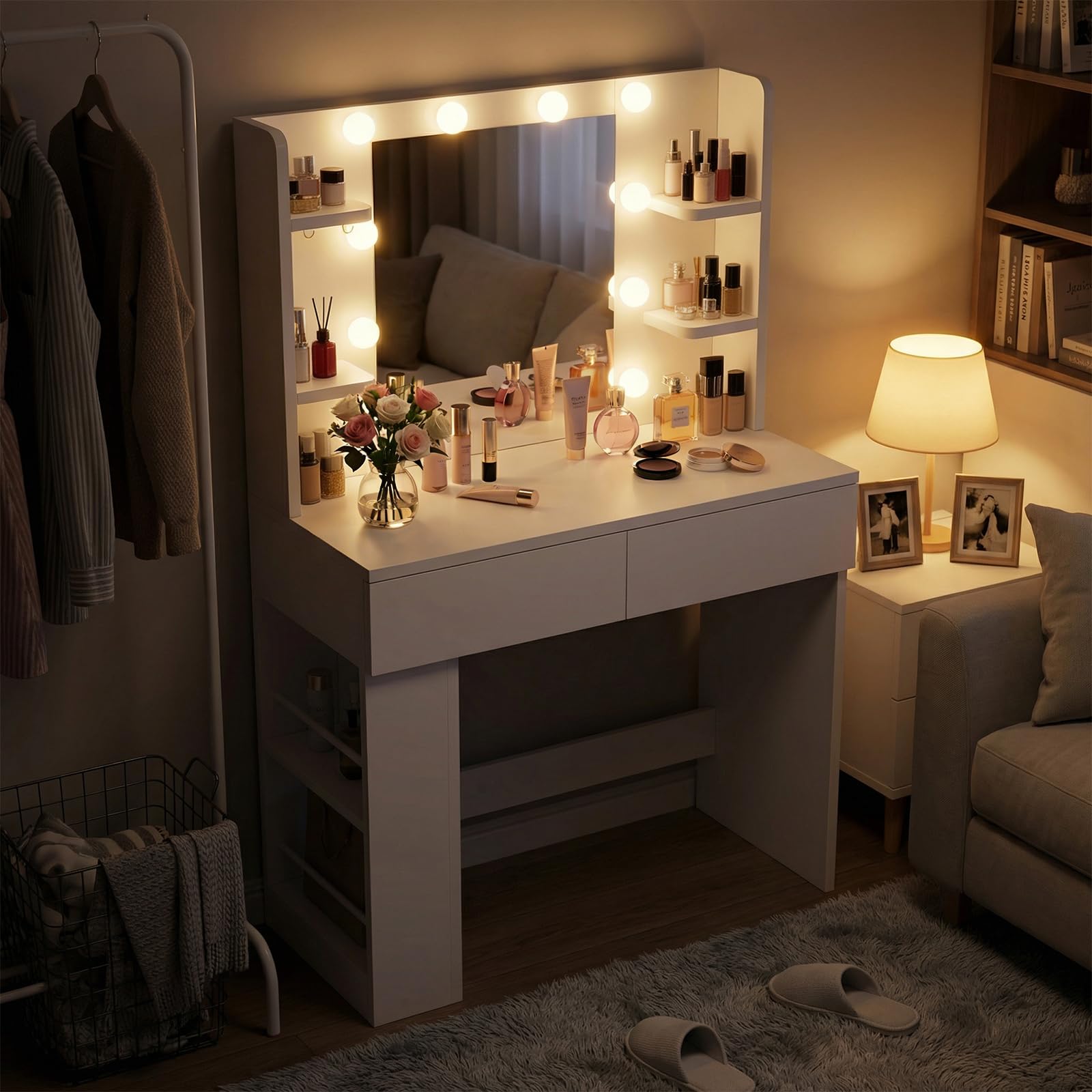 Devoko Coiffeuse avec Miroir LED, Luminosité Réglable, 108x40x126cm, Table de Maquillage avec 2 Grand Tiroirs, 4 Étagères et Rangement Latéral (Blanc, Modèle Globe de 90 cm)