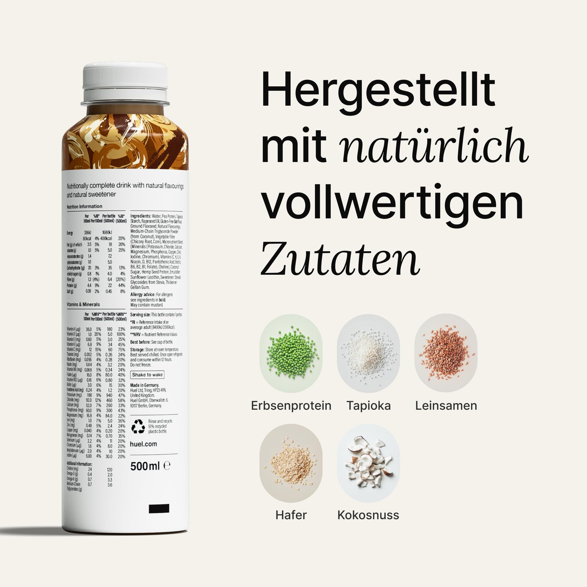 Huel Drink Cinnamon Swirl, fertige Trinkmahlzeit für unterwegs - 12 x 500 ml - 22 g Protein, Reich an Vitaminen, Mineralstoffen & Ballaststoffen, Plant-based, Geschmack Zimt, inkl. 3 € Pfand