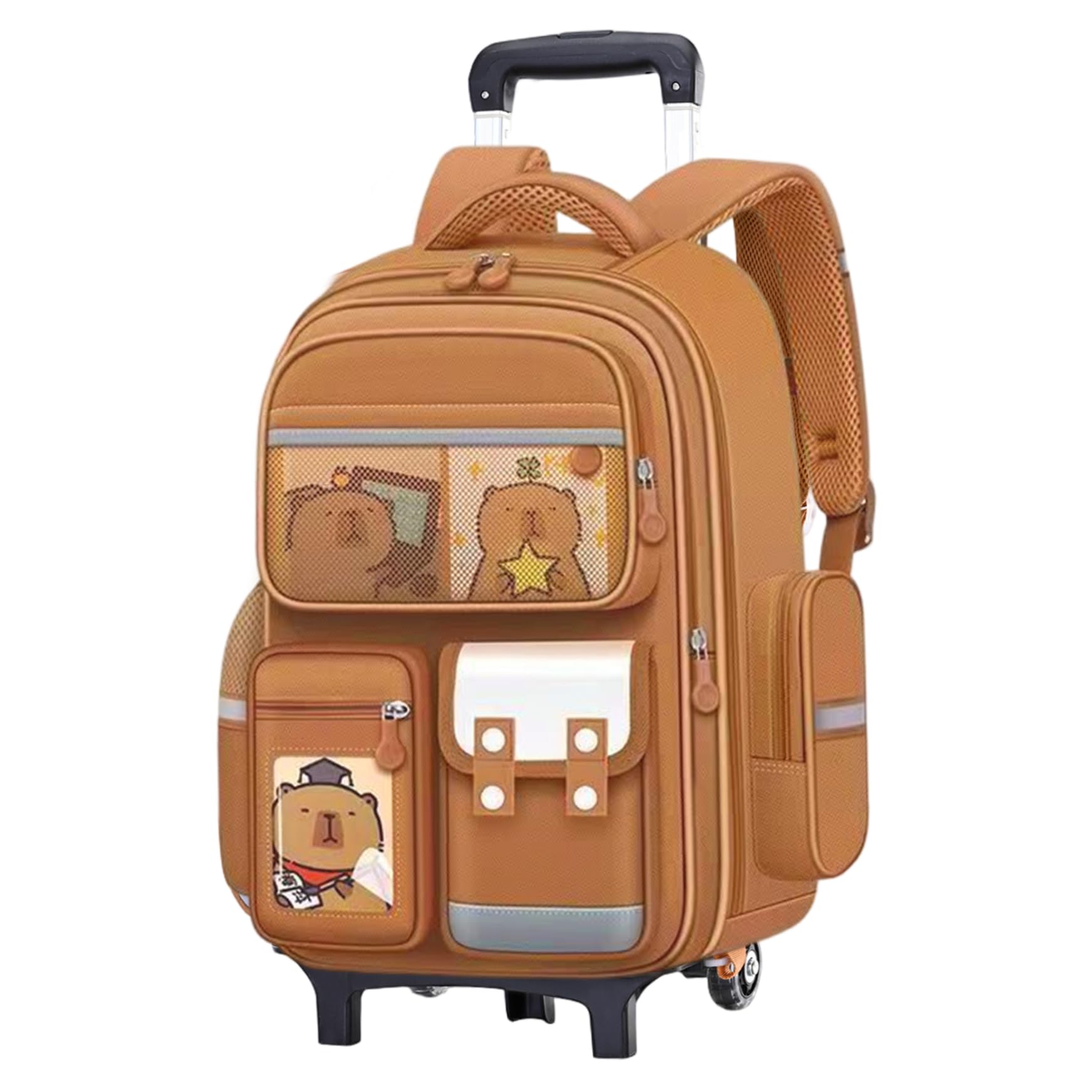 Mochila de capybara con ruedas de gran capacidad escolar con mango retráctil y detalles reflectantes 8