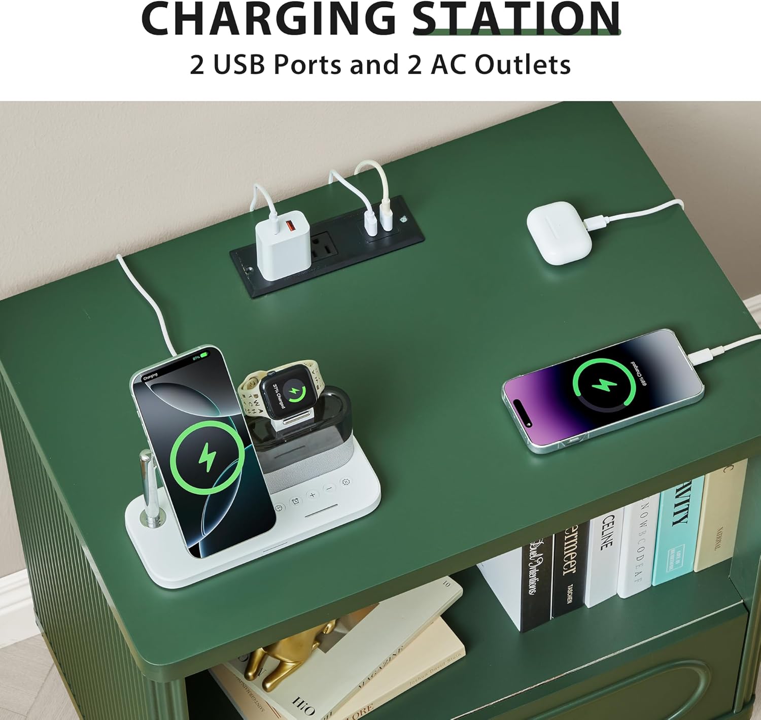 Fluted Nightstand with Charging Station, Modern Wood Nightstand with Drawer Storage, Night Stand Bedside Table with Type-C and USB Ports, Night Stand for Bedroom, Green