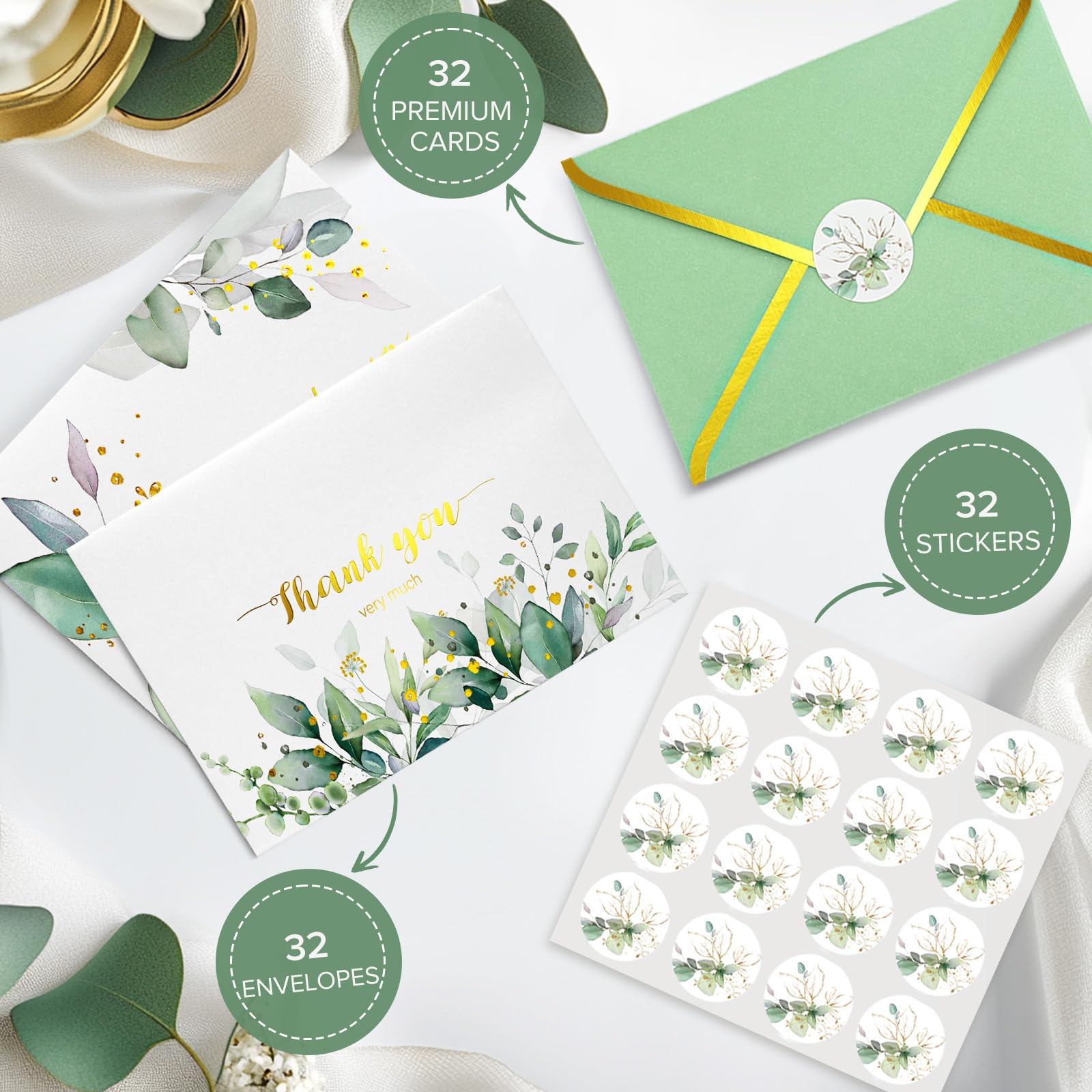 Thank You Cards with Envelopes, 32 Pack Greenery Thank You Notes for Baby Shower Weddings, Bridal Shower, Small Business, 4" x 6" - Image 2