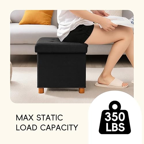 Miniatura 5 de PINPLUS Cubo otomano de almacenamiento, reposapiés de lino blanco con patas de madera, reposapiés de tela plegable, asiento cómodo con tapa, otomana