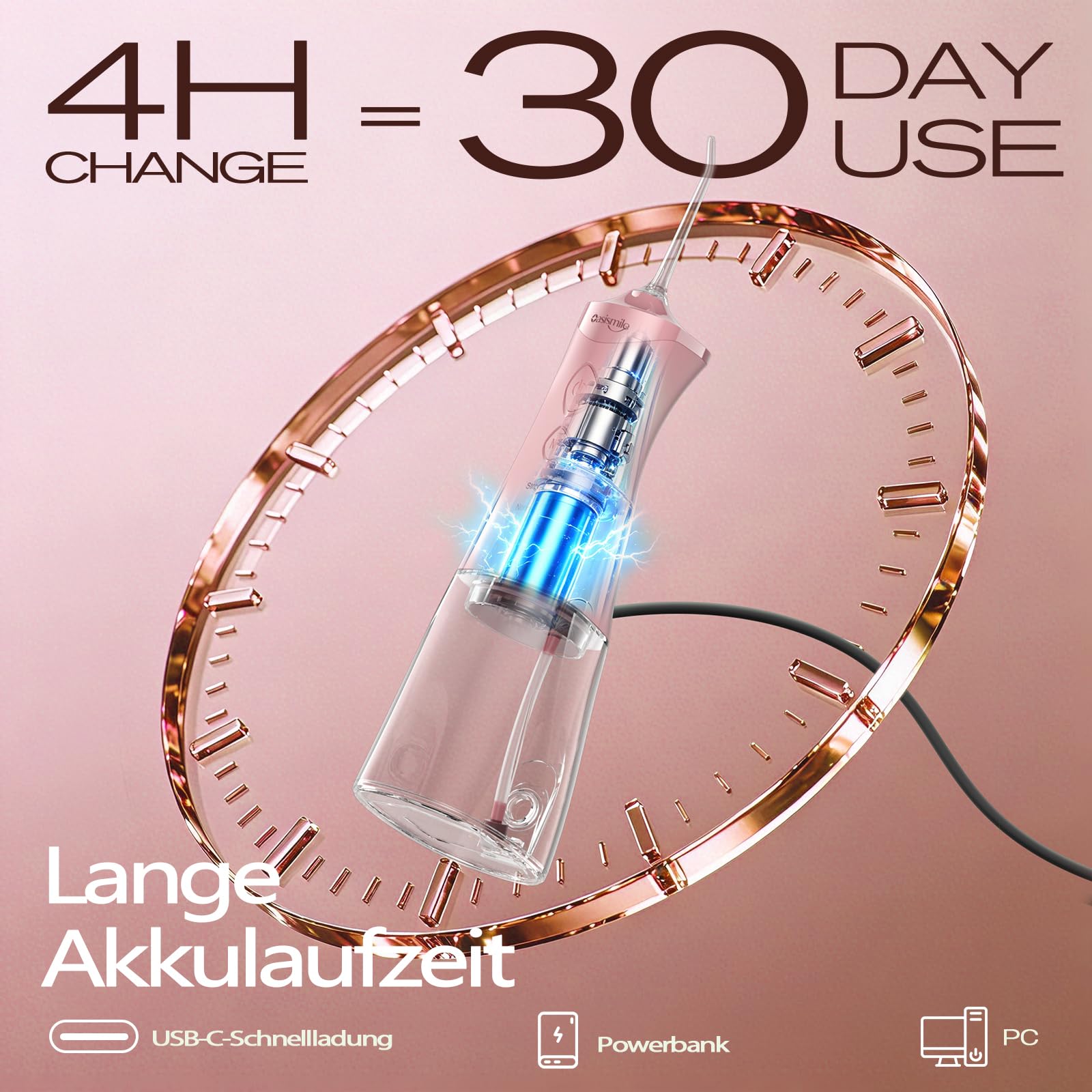 OasiSmile Kabellose Elektrische Munddusche, 4 Modi DIY Druck & 5 Düsen,Rosa