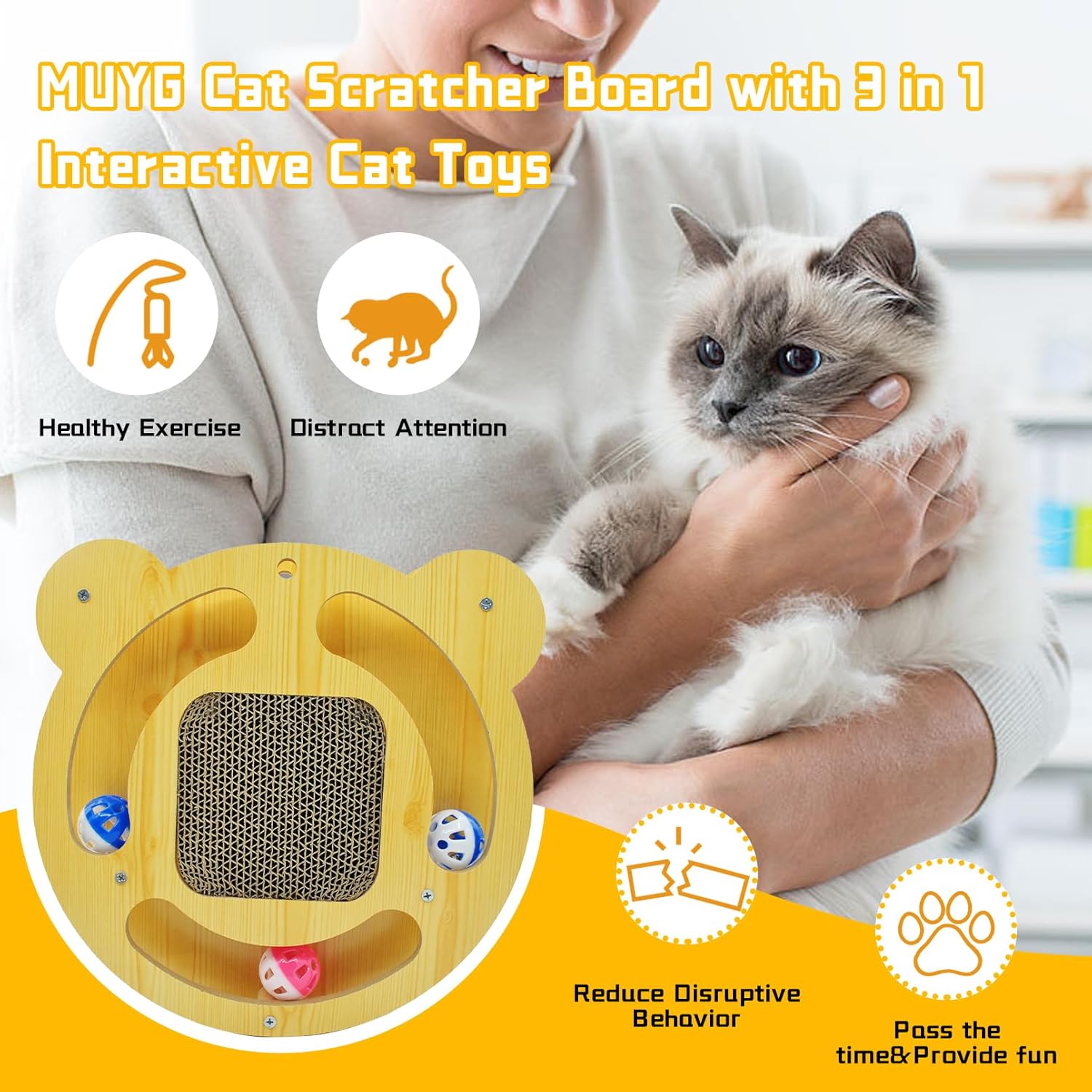 review Interactive Cat Toys for Indoor, Cat Scratcher Toy Cat Toys with Balls Track Roller Pad Wooden Track Scratching Colorful Feather Toys Kitten Scratch Cardboard Exercise