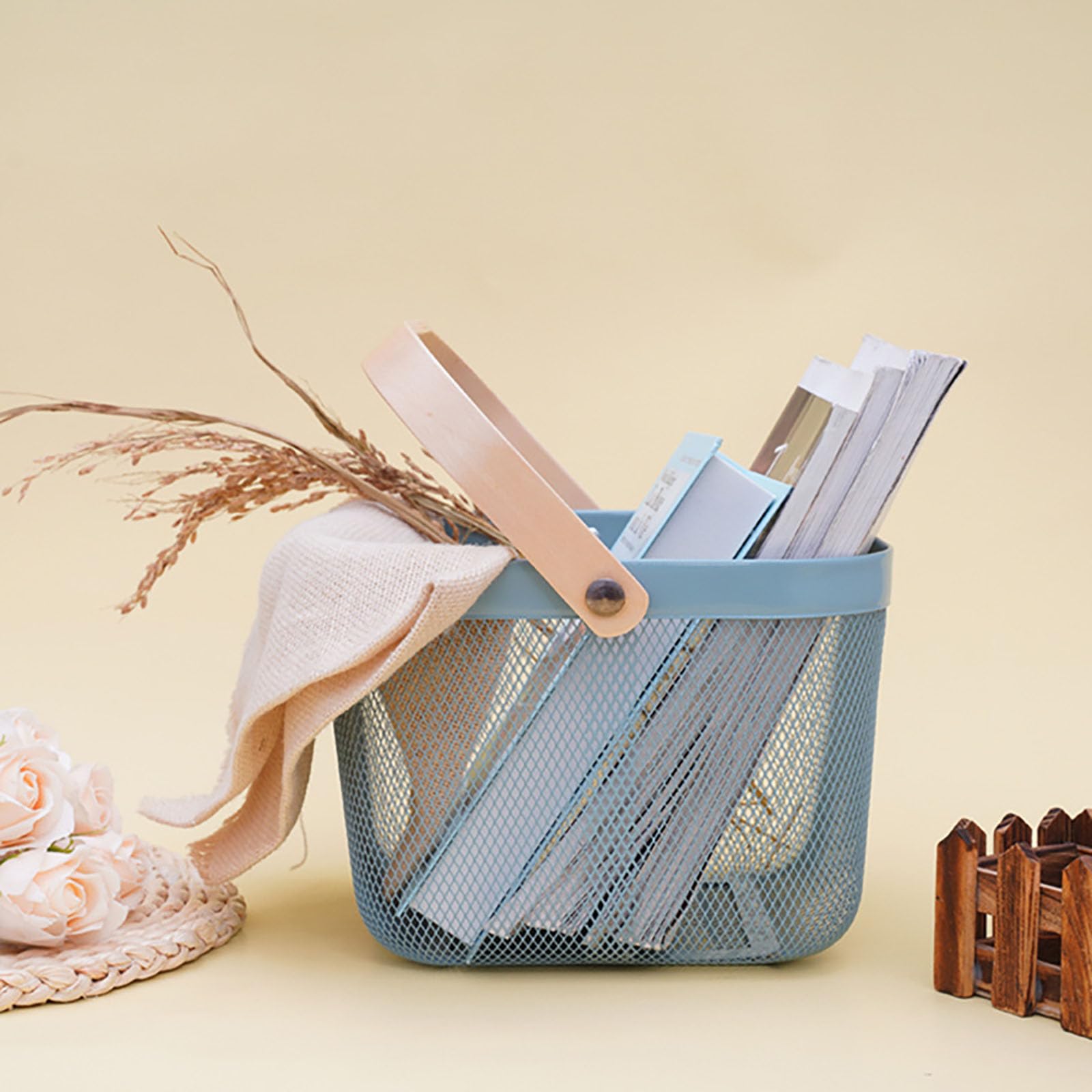 Cheardia Picknickkörbe, Metallgeflecht, Erntekorb mit faltbarem Holzgriff, rechteckiger Garten-Aufbewahrungskorb für Gemüse, Obst, Garten, Küchenschrank, Pflücken, Versammlung, Blau, 2 Stück