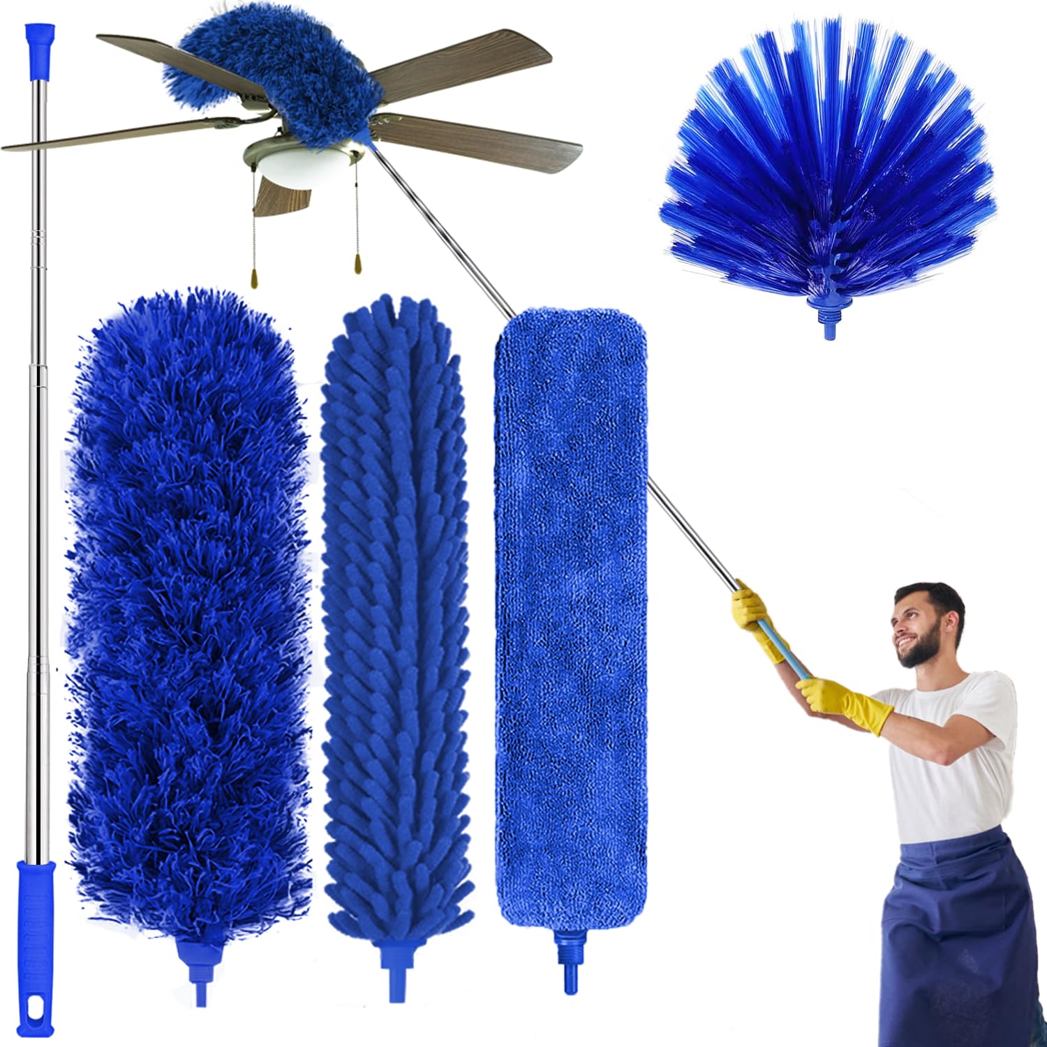 Microfiber Feather Duster, 5PCS Reusable Bendable Duster with 100" Extension Pole & 3 Extra Heads, Cobweb Cleaner for Ceiling Fans, Cars, Blinds, Furniture, Hard-to-Reach Areas