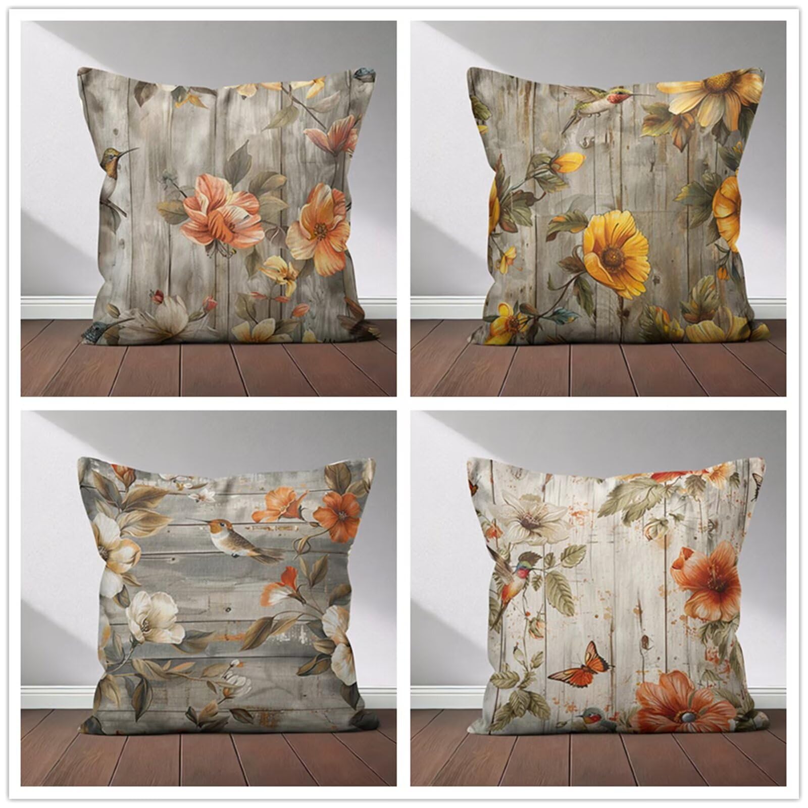 Heaen Outdoor Cushions Covers Waterproof 35x35 cm Set of 4 Square Linen Pillow Cases Vintage Flowers Birds Decorative Dushions for Sofa Porch Patio Home Decor