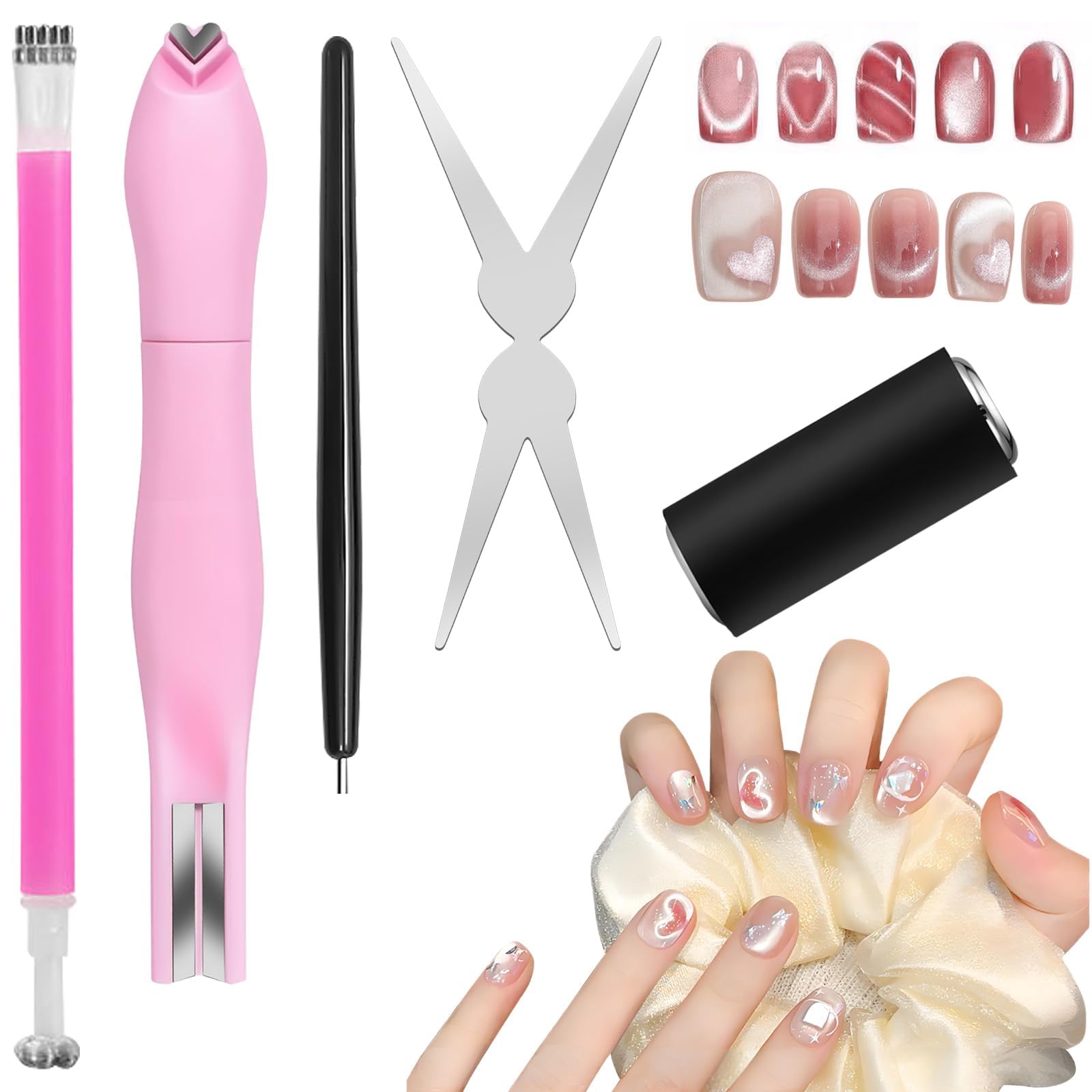 Kit de 5 aimants 3 en 1 pour vernis gel effet œil de chat, comprenant un outil magnétique pour les ongles, un stylo magnétique double embout et des guides en forme de lapin | Indispensable pour Polish