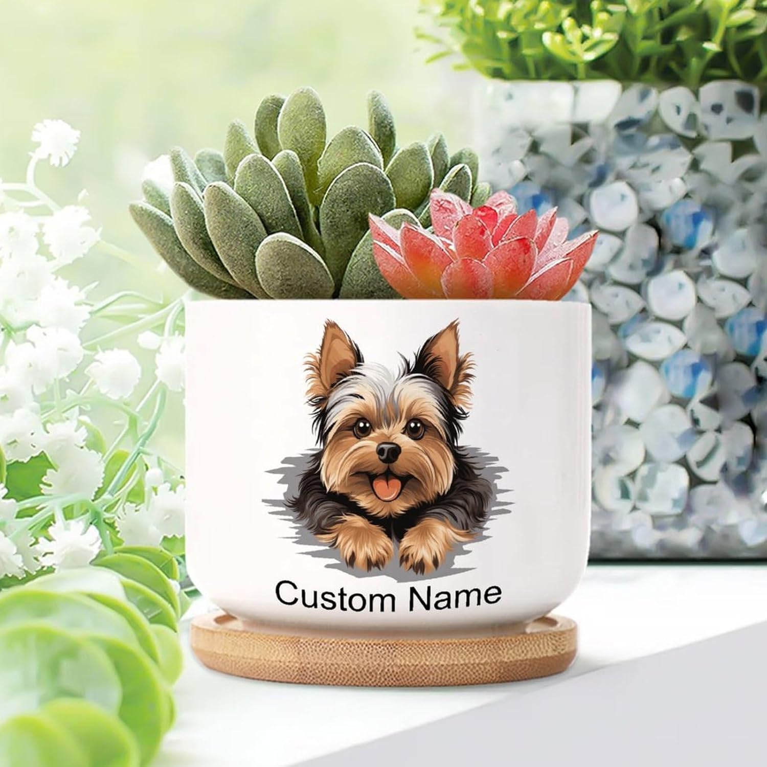Yorkshire Terrier Ceramic Planters Set of 3 Yorkshire Terrier Peeking Dog Pots for Succulents with Drainage and Bamboo Tray Dog Mom Custom Name Small Succulents Pots