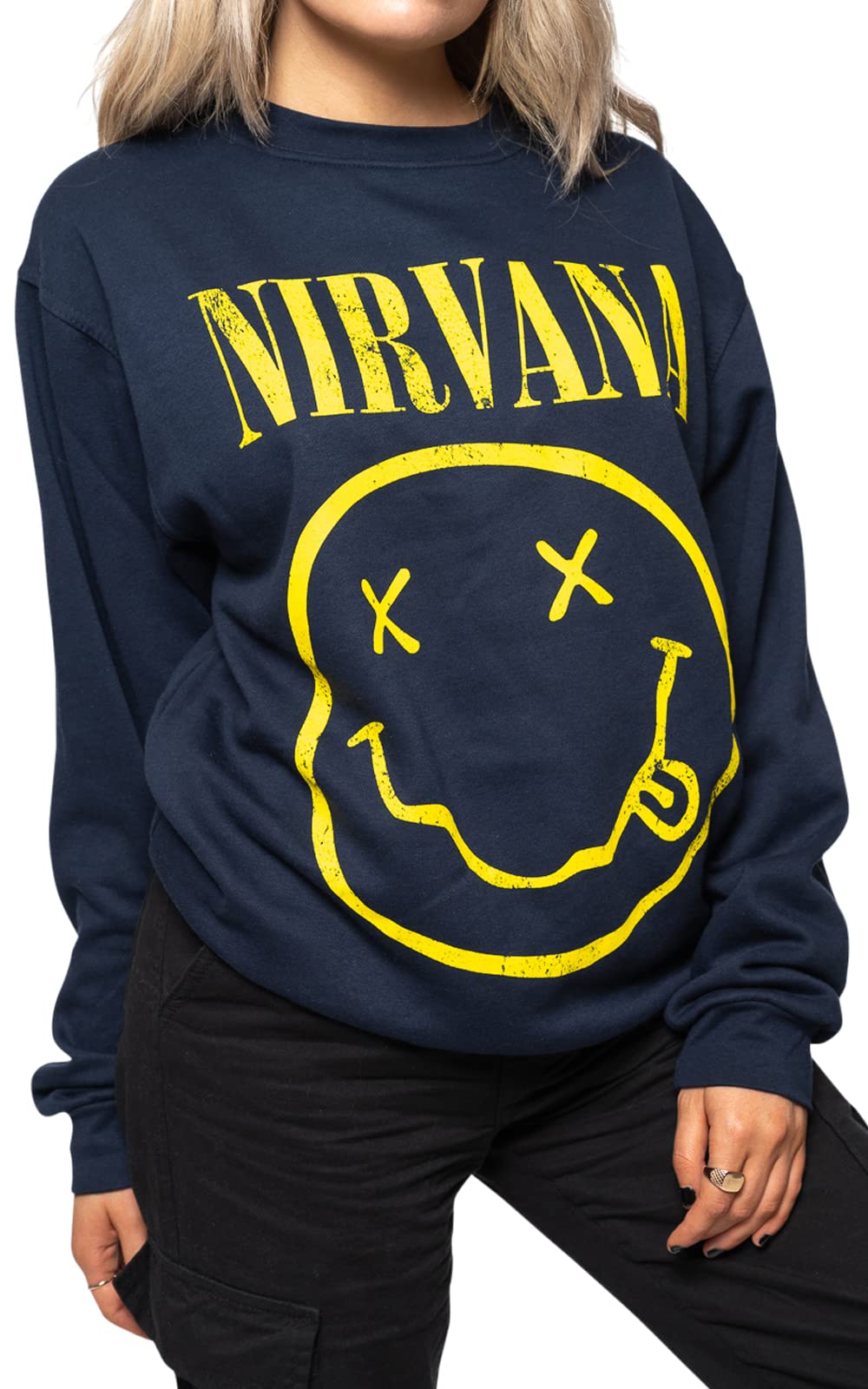 Nirvana Sweat-Shirt Jaune Smile Band Logo Nouveau Officiel Unisex Navy Bleu Size S