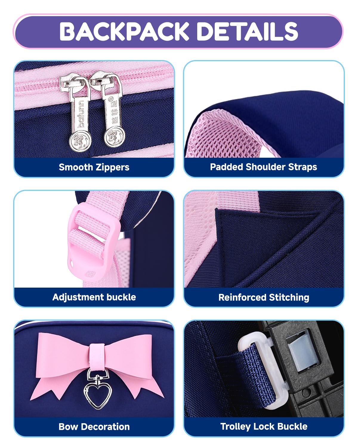 Amythe Mochila Ruedas para Niña Primaria con Bandas Reflectantes, Azul | Mochilas Carro Extraíble 6 Ruedas, Mochila Colegio Niñas 6 a 10 Años, Hidrorrepelente, con Correa Pectoral, Vuelta al cole