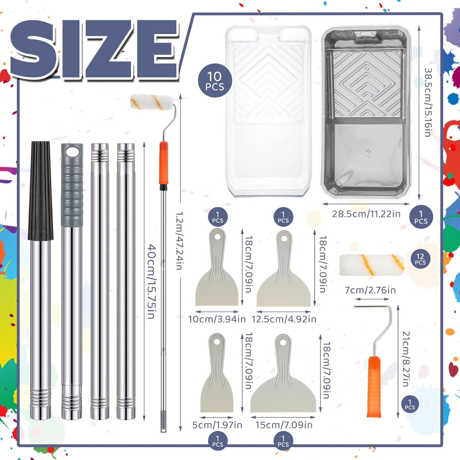 Qilery 31 Pcs 4" 9" Paint Roller Kit with Extension Pole Roller Include 4" 9" Paint Rollers and Brush Holder Tray with Disposable Liners Angled Brush Cleaning Knives for Home Improvement Supplies