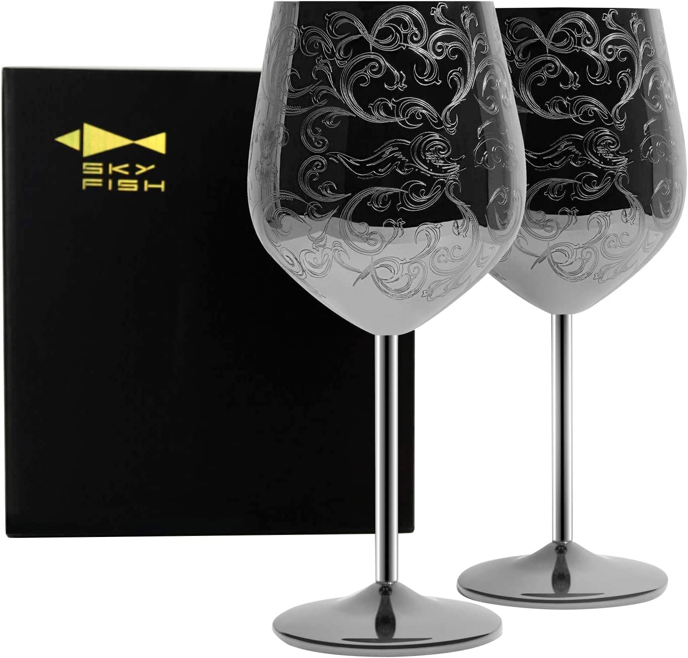 – SKY FISH Stainless Steel Wine Glasses, 480 ml Luxury Wine Goblets Set of 2, Vintage Style Red Wine Cups, Hand Wash (Black)
