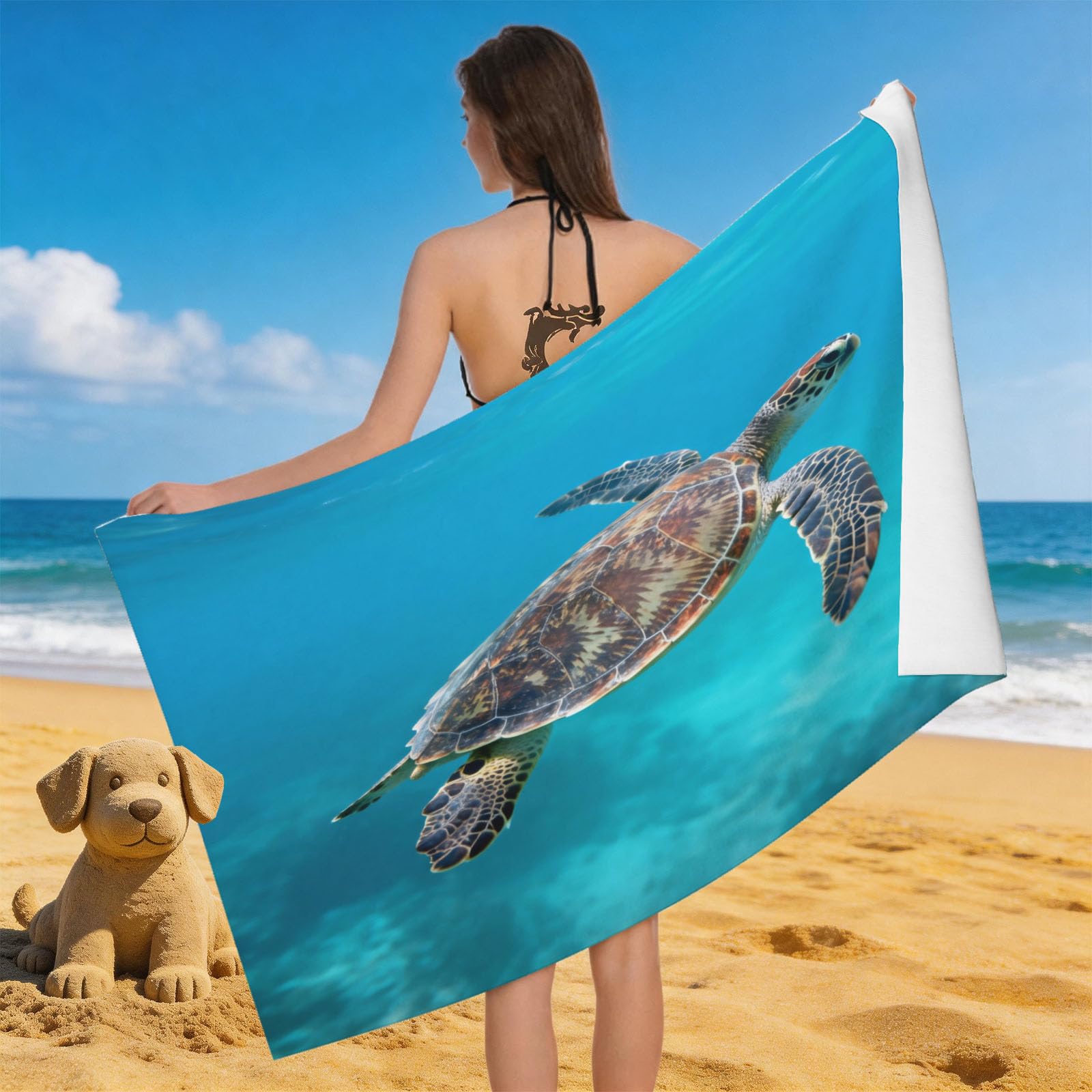 Leichong 3D Sea Turtle Beach Towel Large Microfiber Soft Quick Dry for Adults, Ocean Animal Bath Towel Lightweight Soft Absorbent for Travel Swimming Pool Sports, 80 x 160 cm
