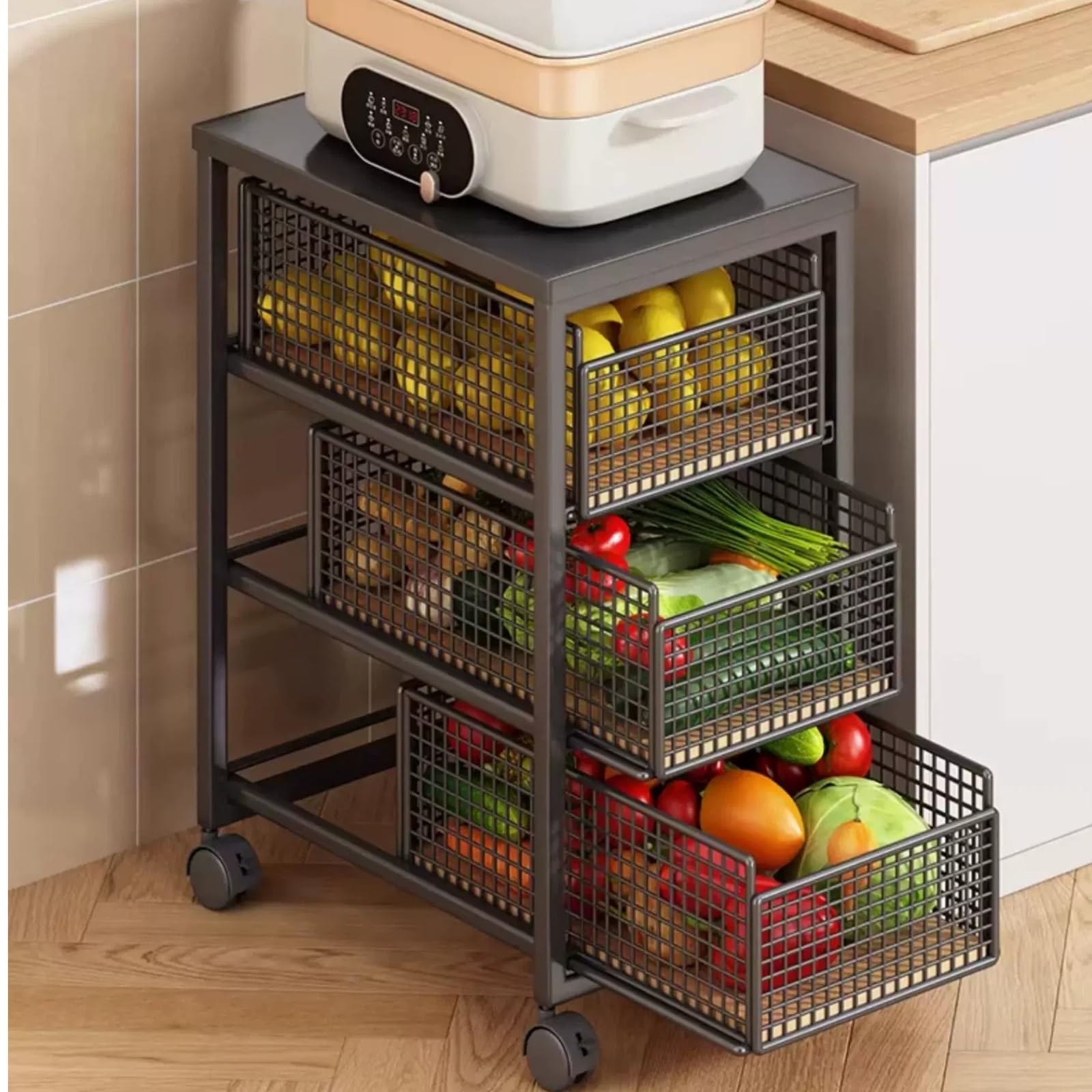 Carrello da cucina Carrello da cucina a 3 livelli con ripiano estraibile for cestini for frutta e verdura(Bianco)