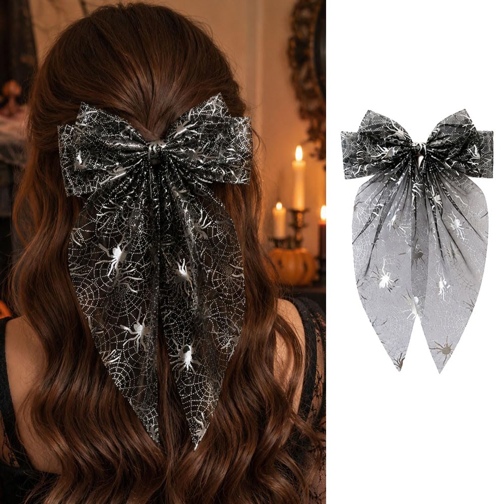 1Pcs Halloween Gradient Tulle Hair Bows for Women, Black Big Bow Hair Clips with Long Tails Silver Foil Spider Web Design Bowknots Barrette Alligator Clips Hair Accessories Halloween Party Supplies