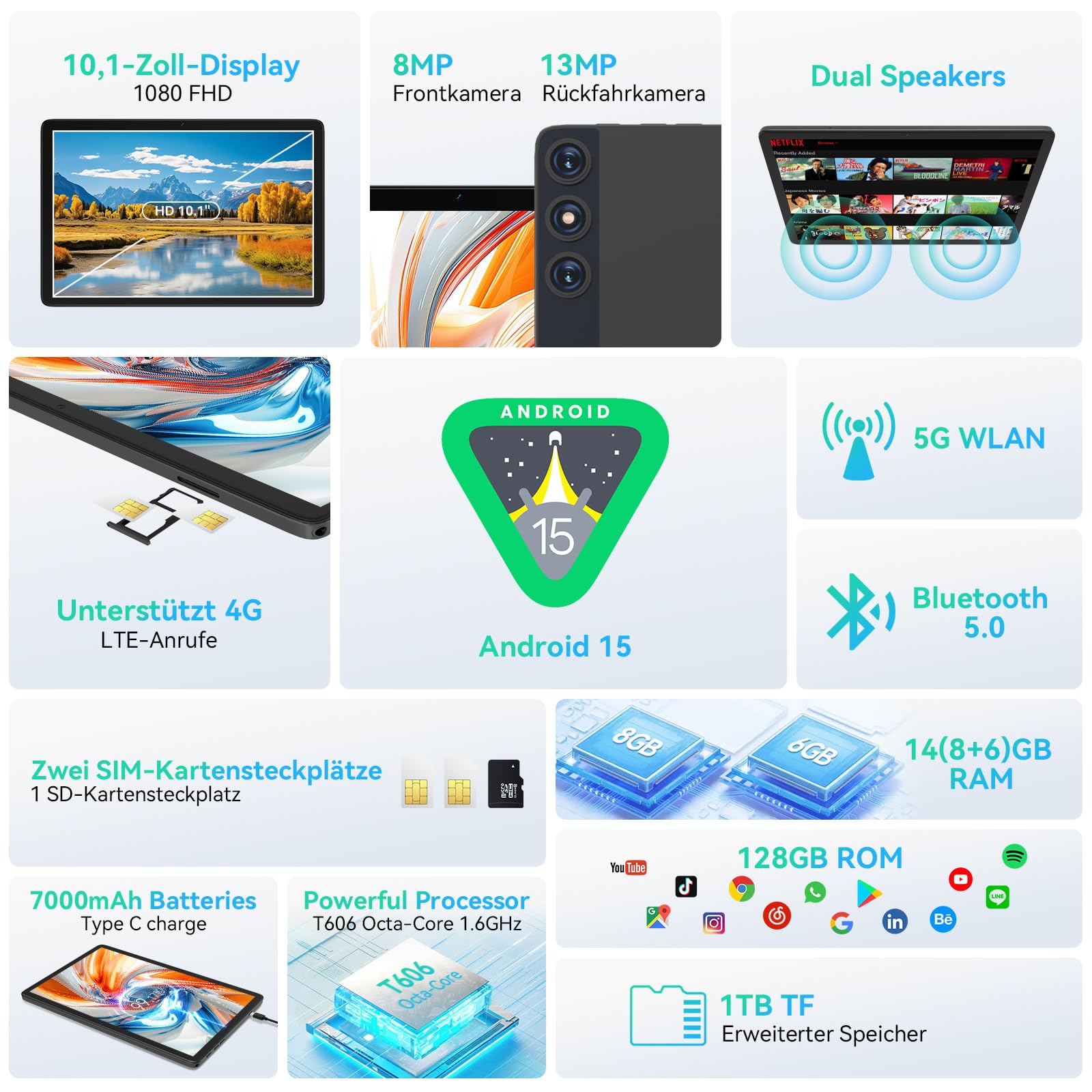 FEONAL Android 15 Tablet 10 Zoll, 4G LTE Tablets Mit 2 SIM 1 SD Slot, 5G WiFi Tablett PC Mit 14GB+128GB(1TBTF), Tablet Mit Tastatur Maus Stift & Hülle, 8-core, 1080FHD, 21MP, 7000mAh, GPS/OTG - Grau